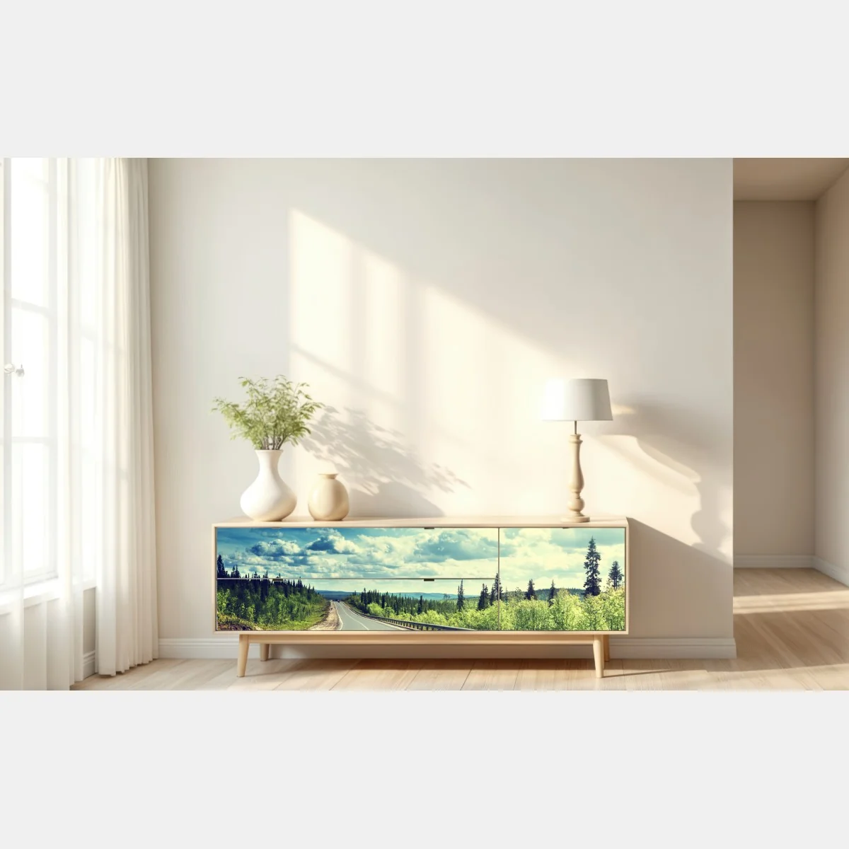 Naklejka repozycjonowalna słoneczna leśna droga ku horyzontowi – Wallissimo® Naklejka repozycjonowalna słoneczna leśna droga ku horyzontowi – Wallissimo®