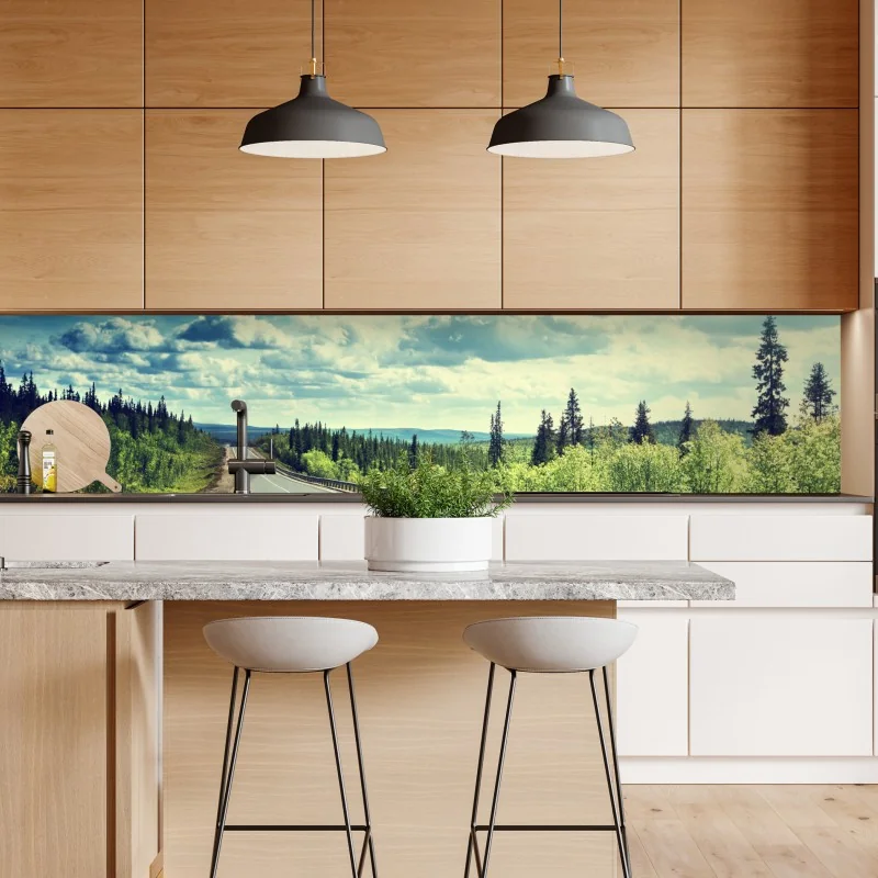 Naklejka repozycjonowalna słoneczna leśna droga ku horyzontowi – Wallissimo® Naklejka repozycjonowalna słoneczna leśna droga ku horyzontowi – Wallissimo®