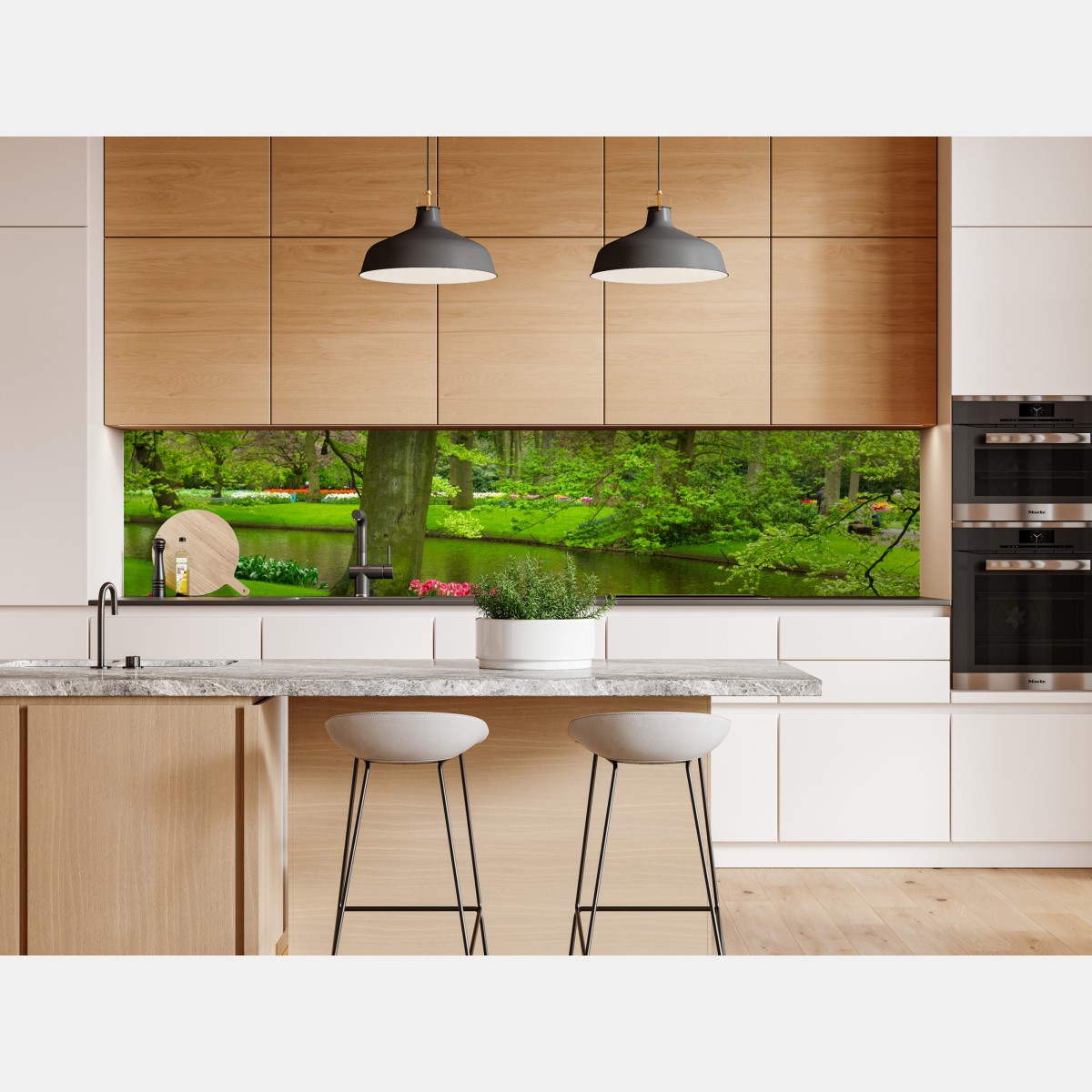 Naklejka repozycjonowalna wiosenny ogród tulipanów nad kanałem – Wallissimo® Naklejka repozycjonowalna wiosenny ogród tulipanów nad kanałem – Wallissimo®