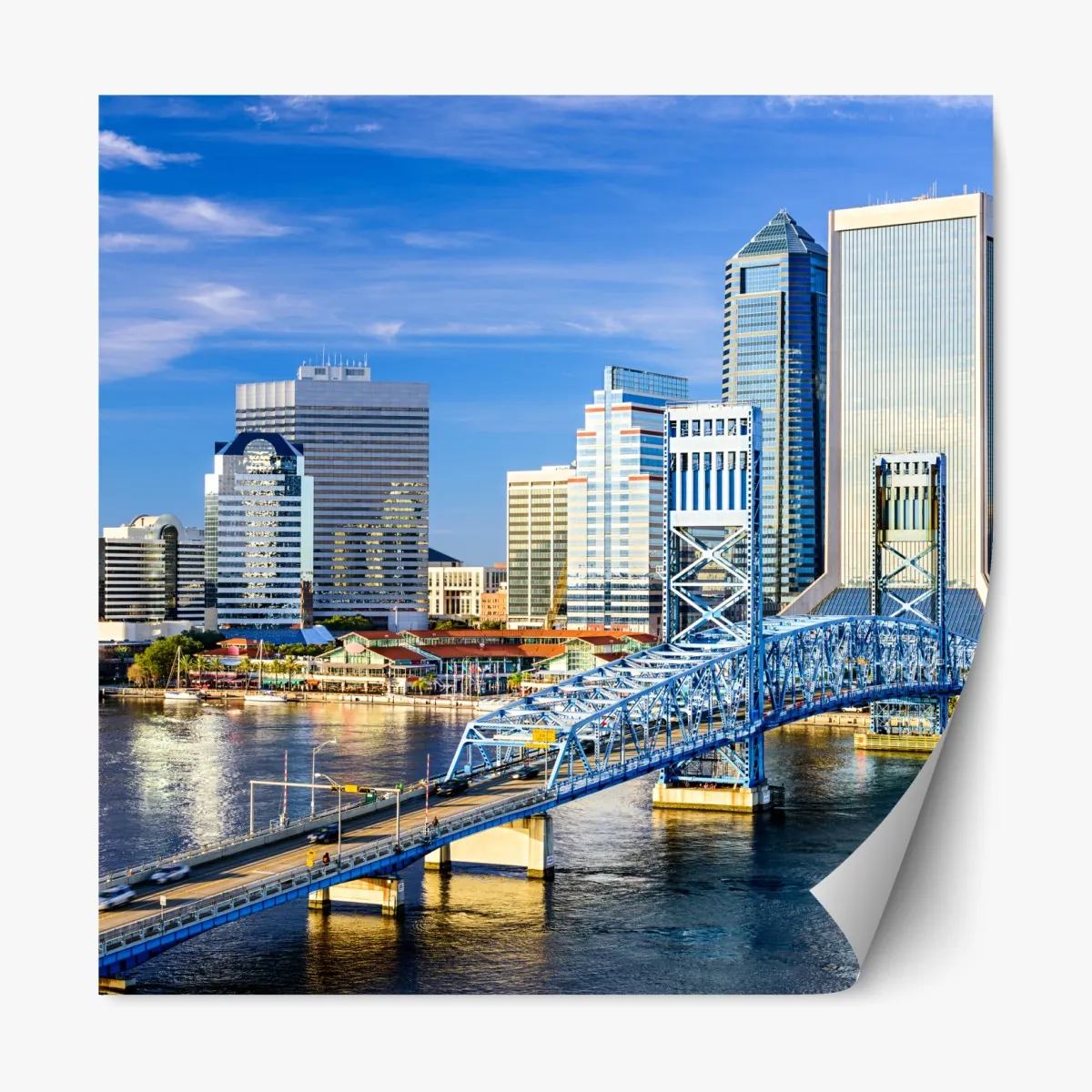 Naklejka repozycjonowalna panorama Jacksonville z niebieskim mostem – Wallissimo® Naklejka repozycjonowalna panorama Jacksonville z niebieskim mostem – Wallissimo®
