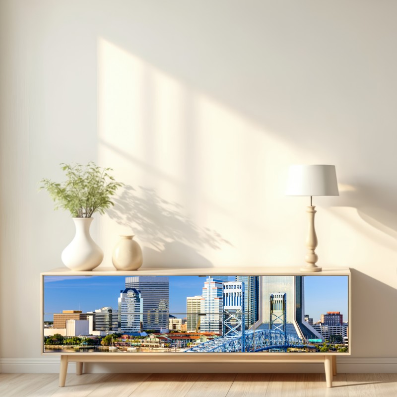 Naklejka repozycjonowalna panorama Jacksonville z niebieskim mostem – Wallissimo® Naklejka repozycjonowalna panorama Jacksonville z niebieskim mostem – Wallissimo®