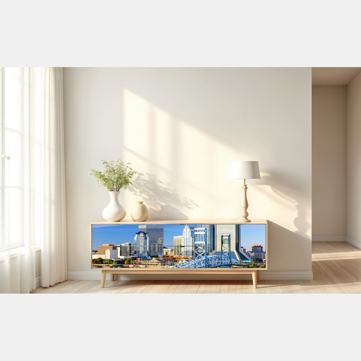 Naklejka repozycjonowalna panorama Jacksonville z niebieskim mostem – Wallissimo® Naklejka repozycjonowalna panorama Jacksonville z niebieskim mostem – Wallissimo®