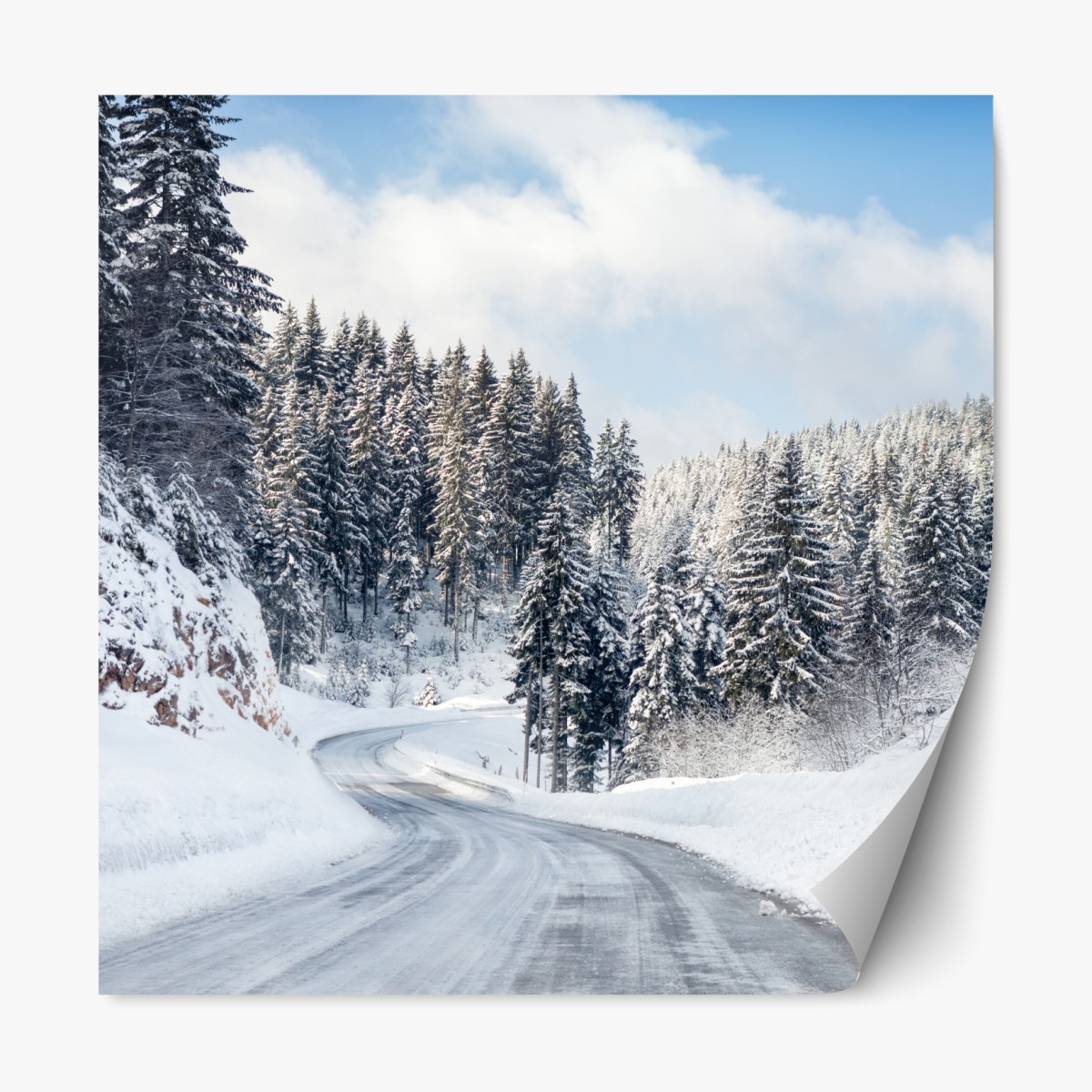Repositionable sticker winter road through snowy fir forest