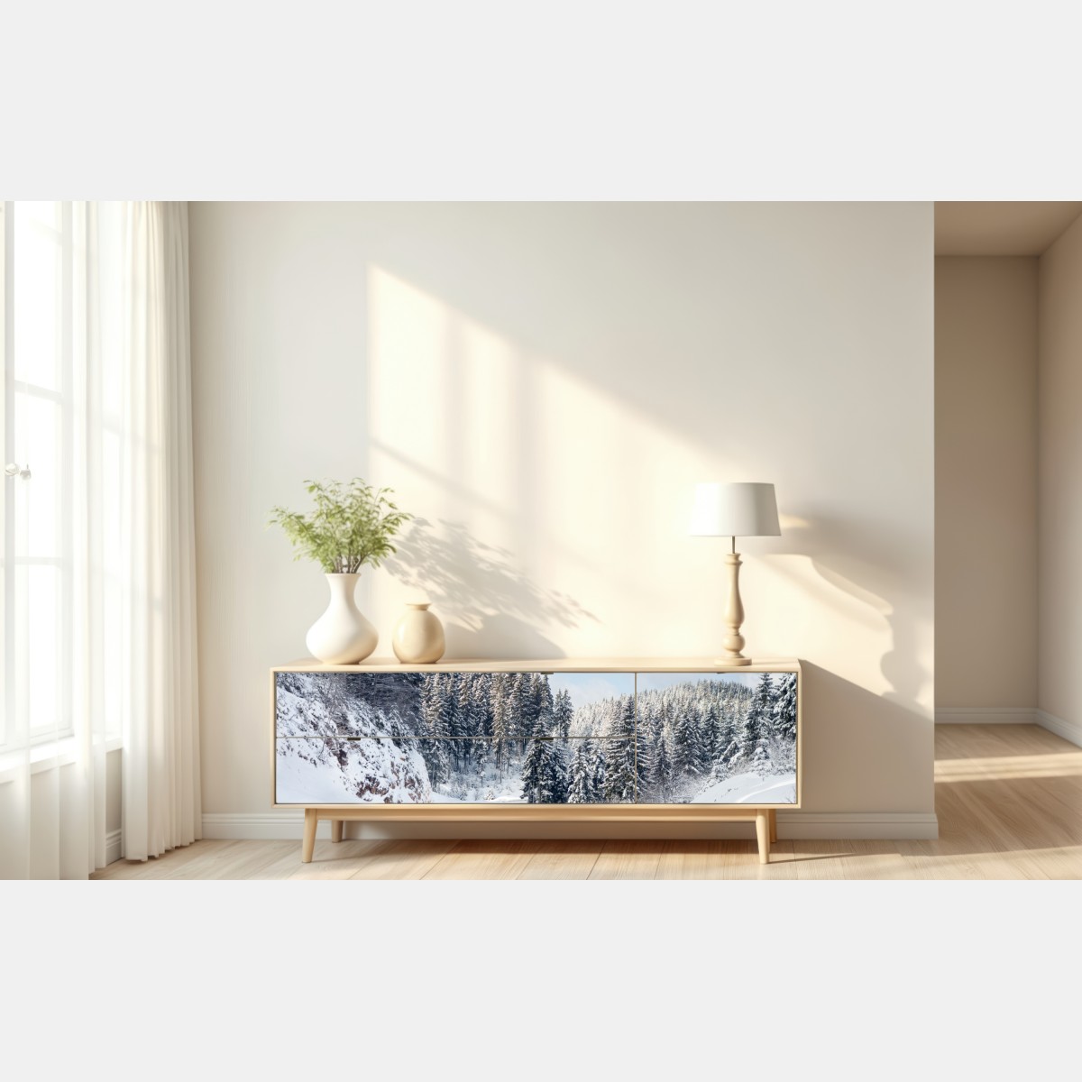 Naklejka repozycjonowalna zimowa droga w zaśnieżonym lesie – Wallissimo® Naklejka repozycjonowalna zimowa droga w zaśnieżonym lesie – Wallissimo®