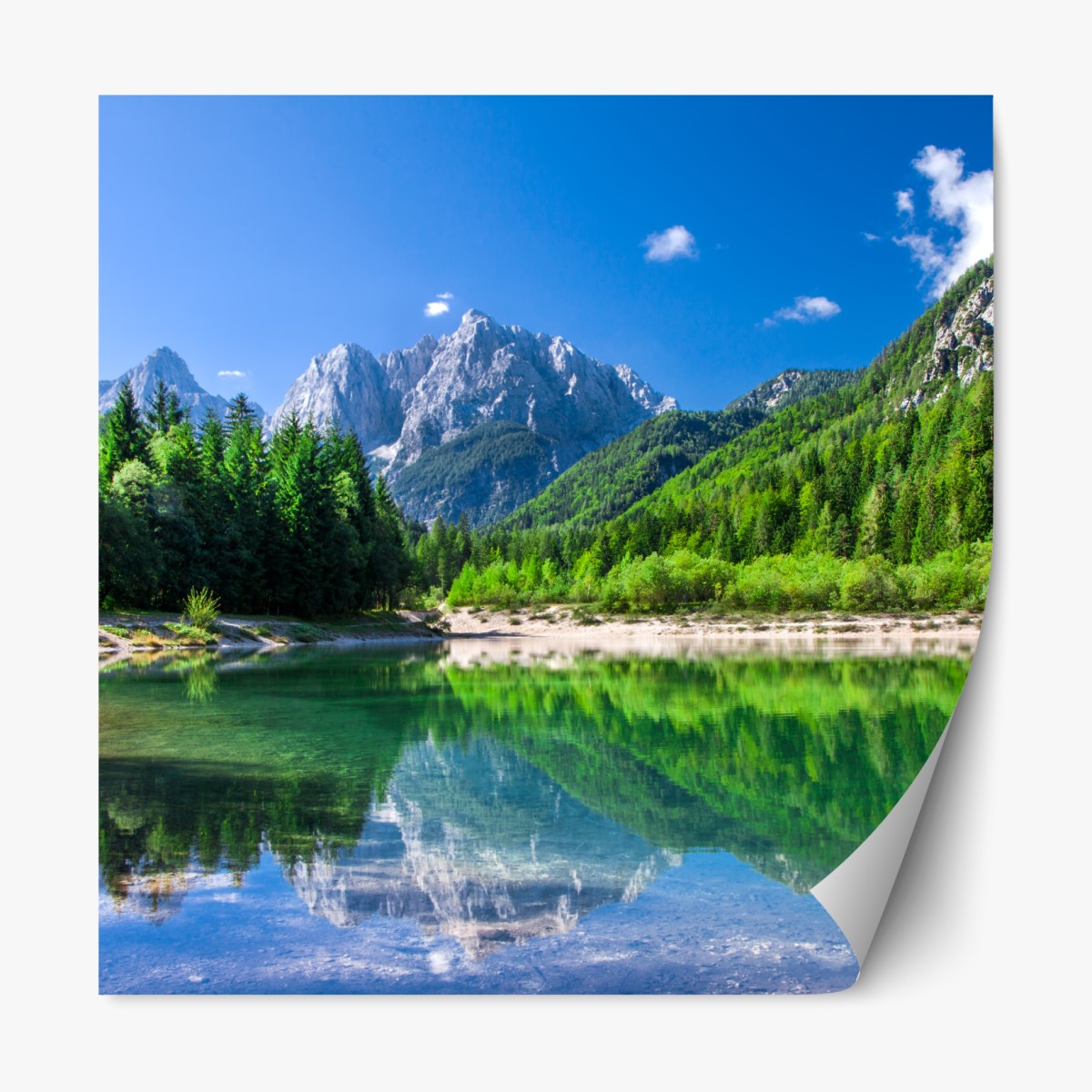 Repositionable sticker alpine lake reflection in green mountains