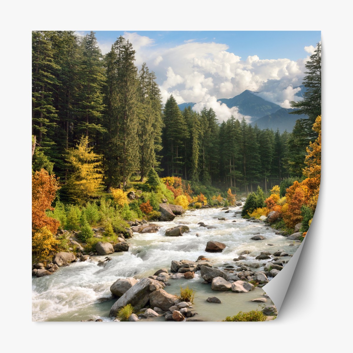 Repositionable sticker autumn mountain river landscape