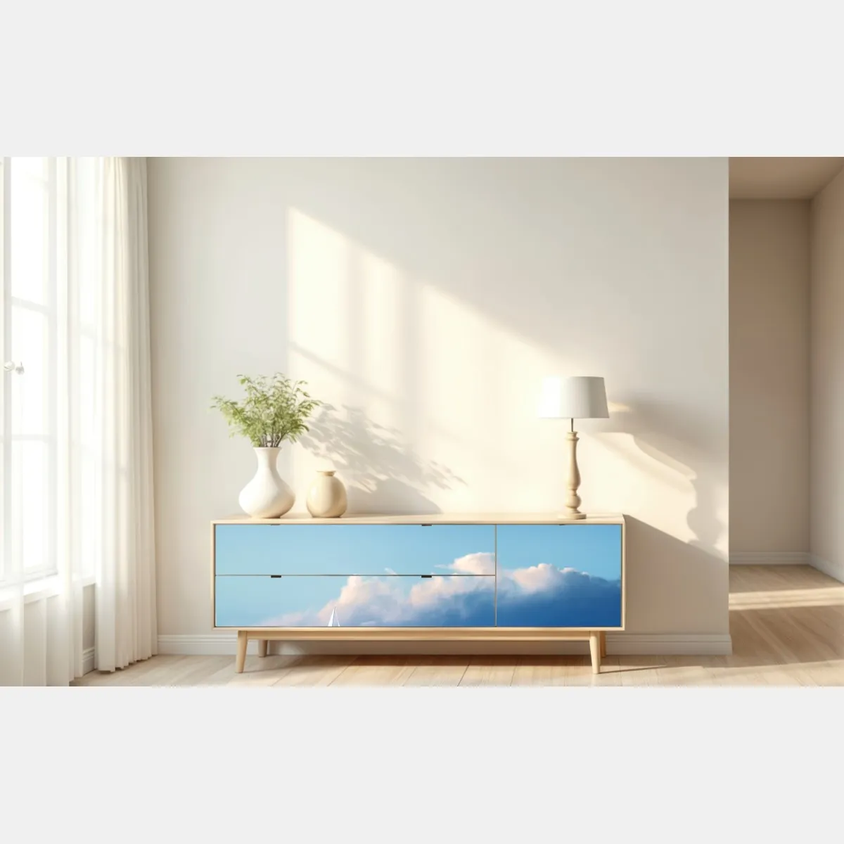 Naklejka repozycjonowalna żaglówka na spokojnym niebieskim morzu – Wallissimo® Naklejka repozycjonowalna żaglówka na spokojnym niebieskim morzu – Wallissimo®