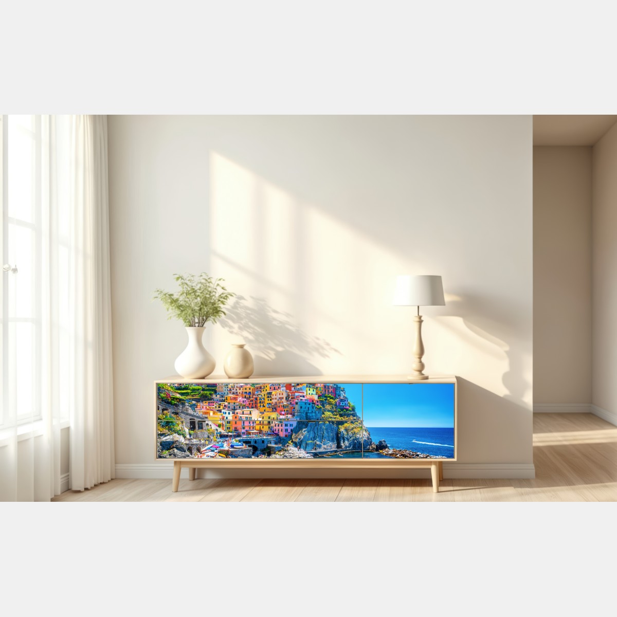 Naklejka repozycjonowalna kolorowa wioska na klifie nad morzem – Wallissimo® Naklejka repozycjonowalna kolorowa wioska na klifie nad morzem – Wallissimo®