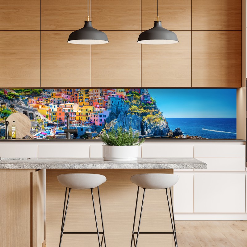 Naklejka repozycjonowalna kolorowa wioska na klifie nad morzem – Wallissimo® Naklejka repozycjonowalna kolorowa wioska na klifie nad morzem – Wallissimo®