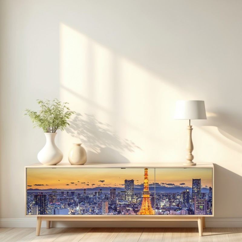 Naklejka repozycjonowalna Wieża Tokijska o zmierzchu nad panoramą Tokio – Wallissimo® Naklejka repozycjonowalna Wieża Tokijska o zmierzchu nad panoramą Tokio – Wallissimo®