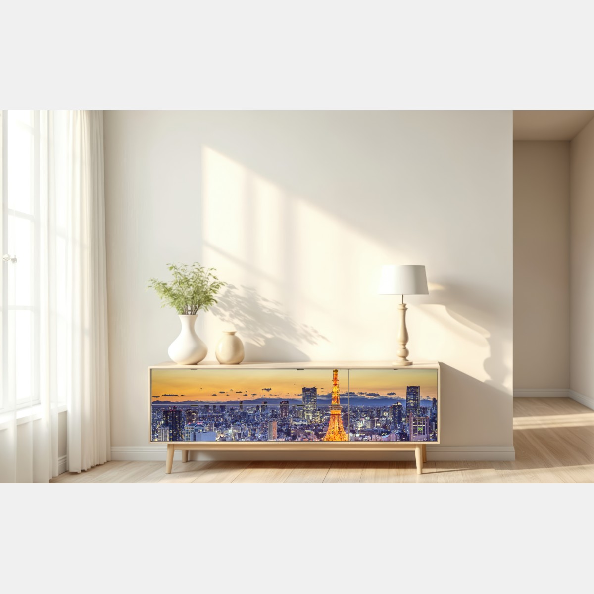 Naklejka repozycjonowalna Wieża Tokijska o zmierzchu nad panoramą Tokio – Wallissimo® Naklejka repozycjonowalna Wieża Tokijska o zmierzchu nad panoramą Tokio – Wallissimo®