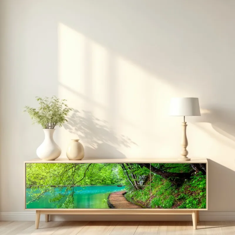 Naklejka repozycjonowalna spokojny drewniany pomost nad jeziorem w zielonym lesie – Wallissimo® Naklejka repozycjonowalna spokojny drewniany pomost nad jeziorem w zielonym lesie – Wallissimo®