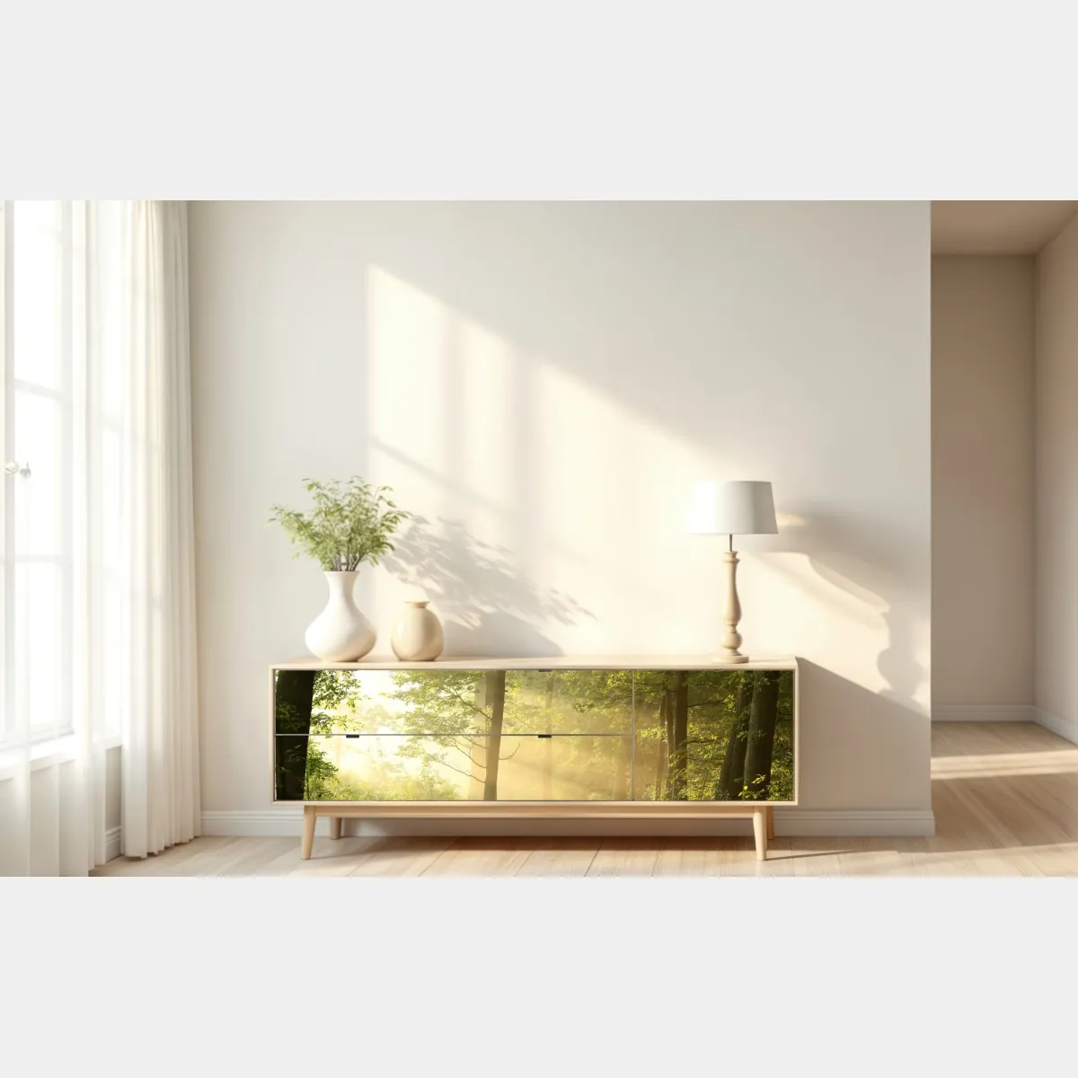 Naklejka repozycjonowalna poranne światło w lesie – Wallissimo® Naklejka repozycjonowalna poranne światło w lesie – Wallissimo®