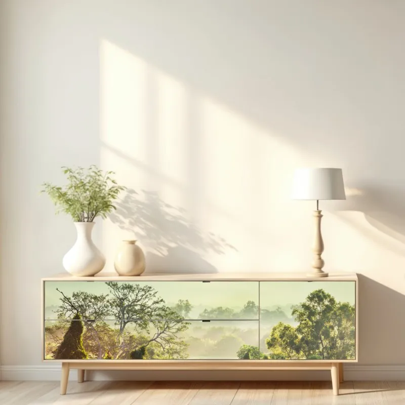 Naklejka repozycjonowalna mglista dżungla Wietnamu o wschodzie słońca – Wallissimo® Naklejka repozycjonowalna mglista dżungla Wietnamu o wschodzie słońca – Wallissimo®