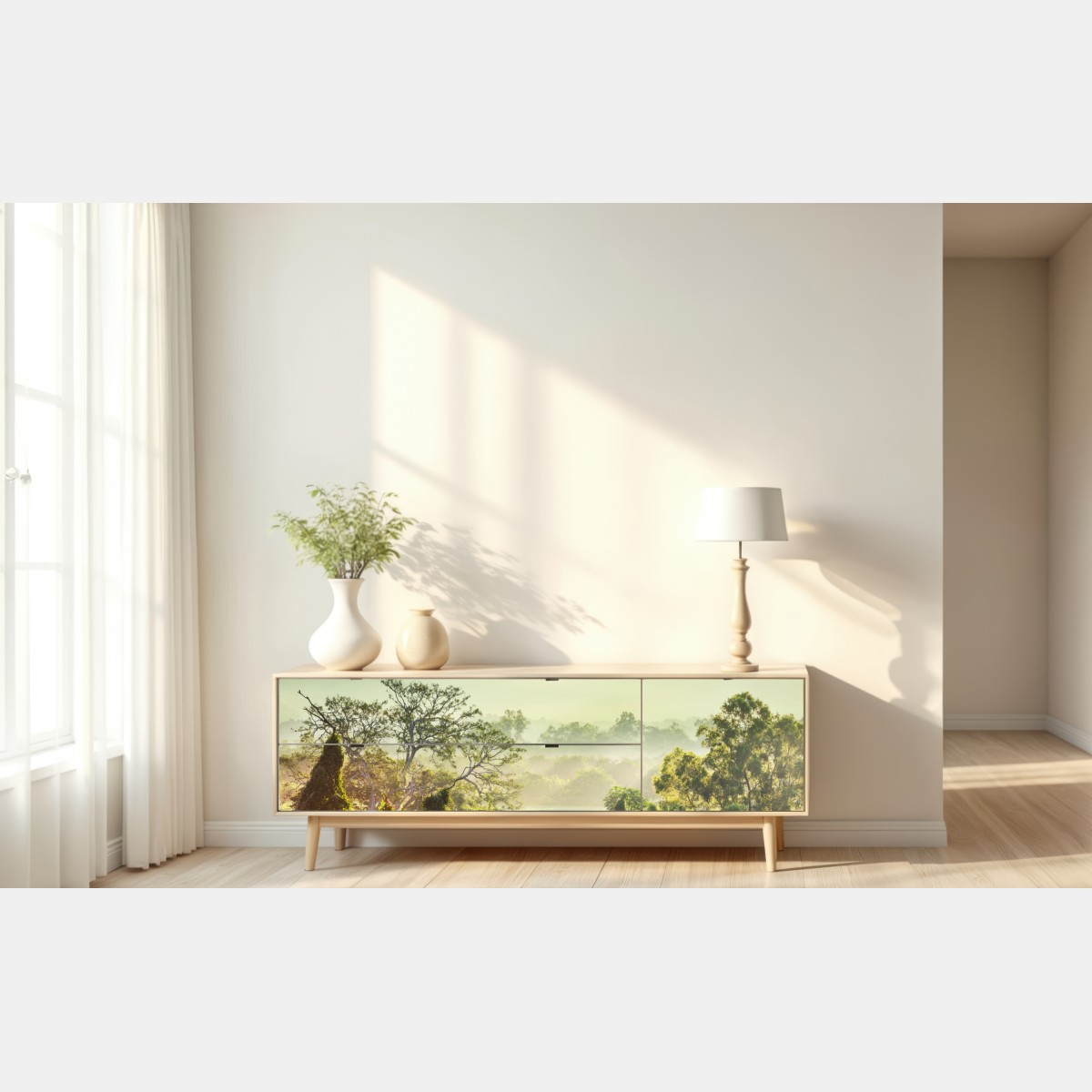 Naklejka repozycjonowalna mglista dżungla Wietnamu o wschodzie słońca – Wallissimo® Naklejka repozycjonowalna mglista dżungla Wietnamu o wschodzie słońca – Wallissimo®