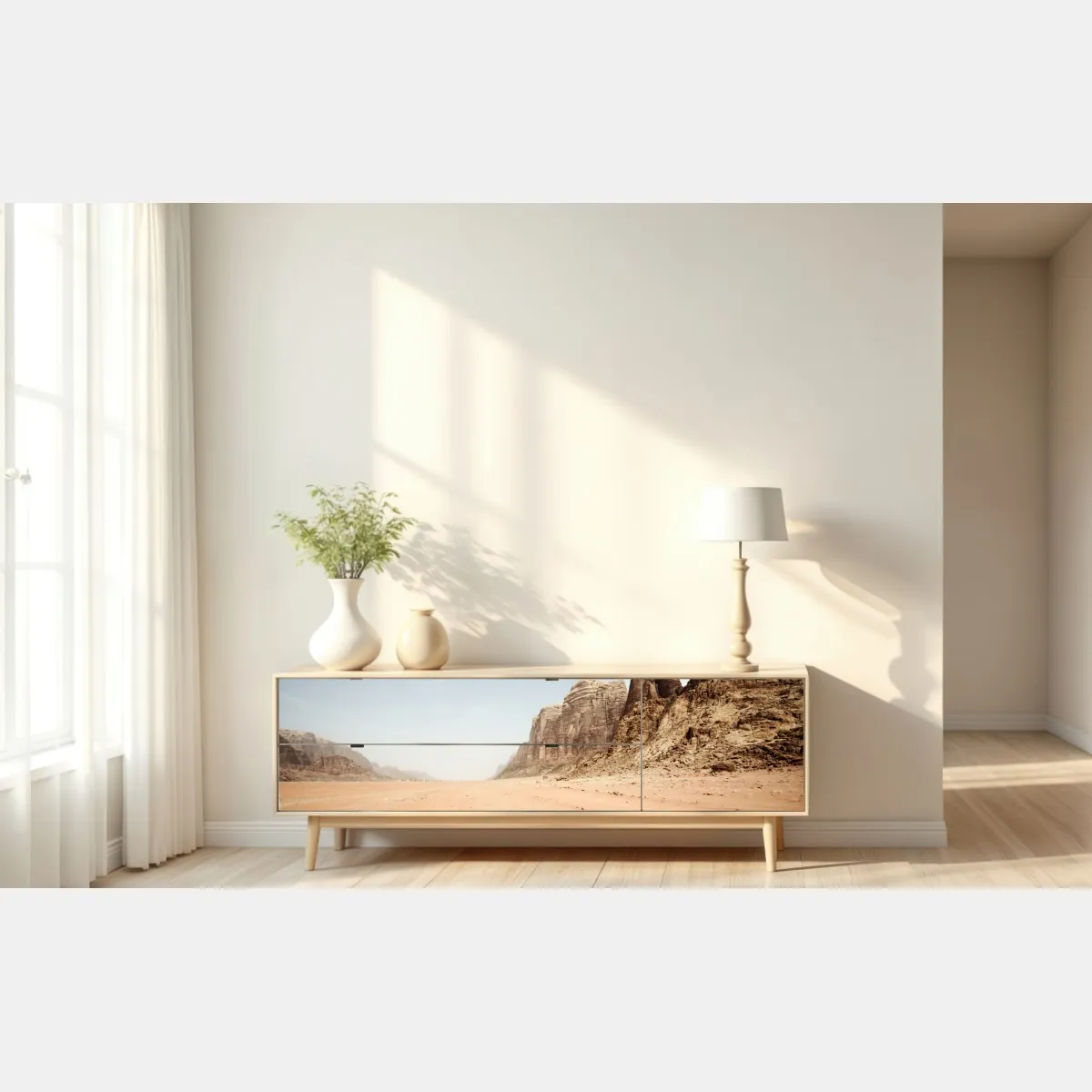 Naklejka repozycjonowalna rozległa panorama pustyni Wadi Rum, Jordania – Wallissimo® Naklejka repozycjonowalna rozległa panorama pustyni Wadi Rum, Jordania – Wallissimo®