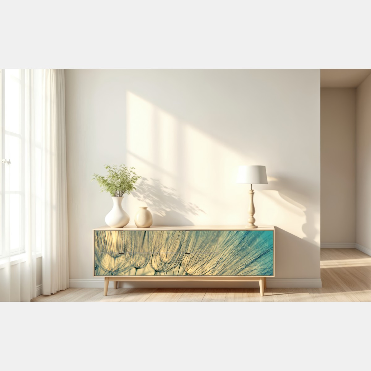 Naklejka repozycjonowalna delikatne zbliżenie mlecza w miękkim niebieskim – Wallissimo® Naklejka repozycjonowalna delikatne zbliżenie mlecza w miękkim niebieskim – Wallissimo®