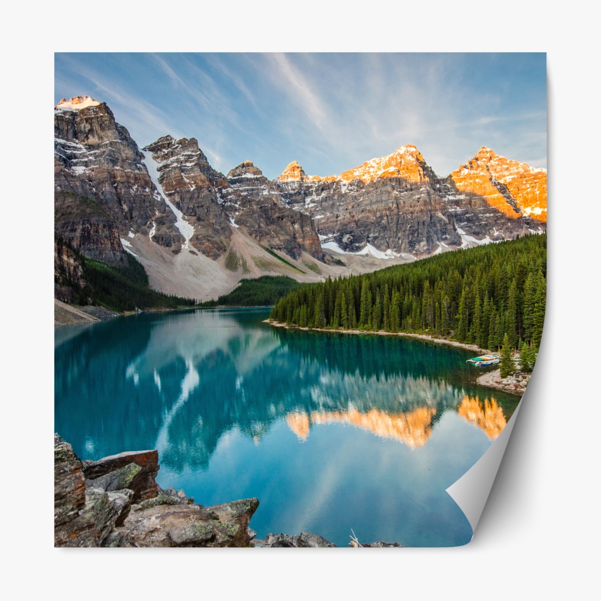 Repositionable sticker sunlit alpine lake reflection
