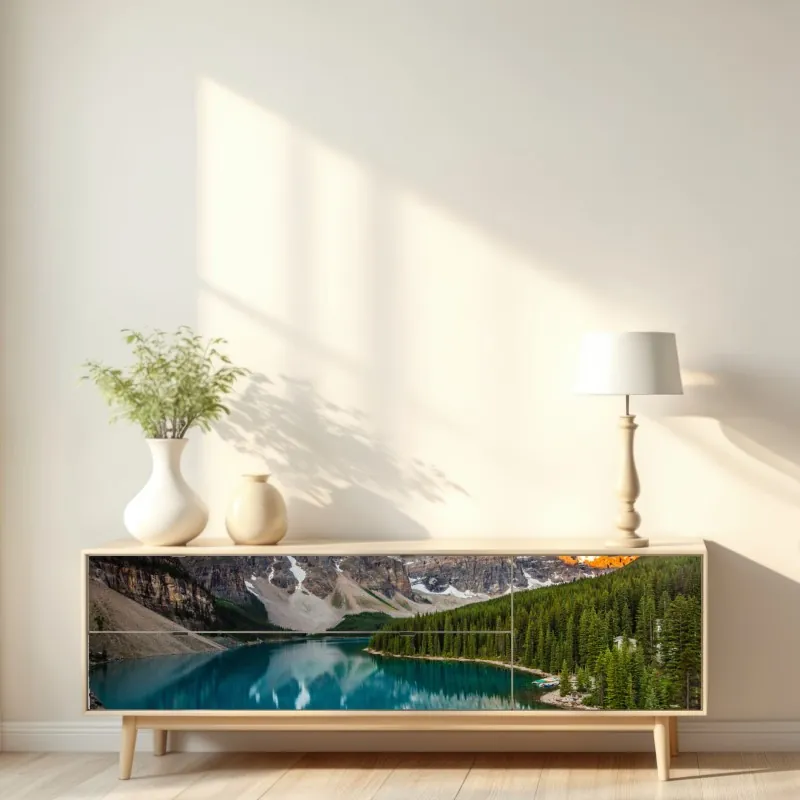 Naklejka repozycjonowalna alpejskie jezioro o wschodzie słońca – Wallissimo® Naklejka repozycjonowalna alpejskie jezioro o wschodzie słońca – Wallissimo®