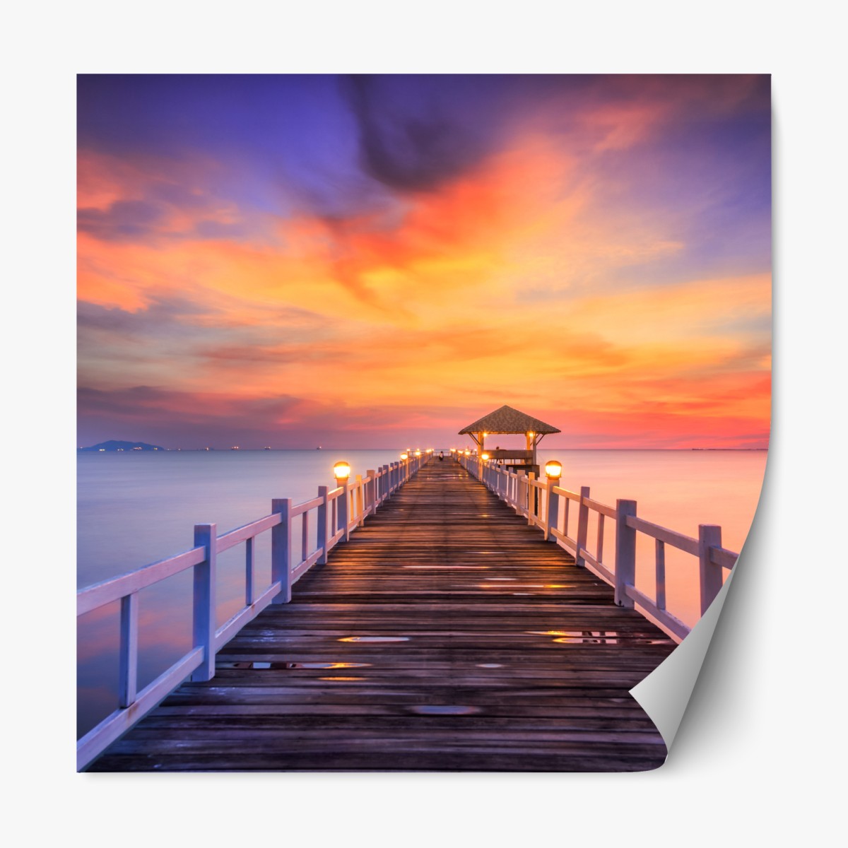 Repositionable sticker wooden pier at sunrise