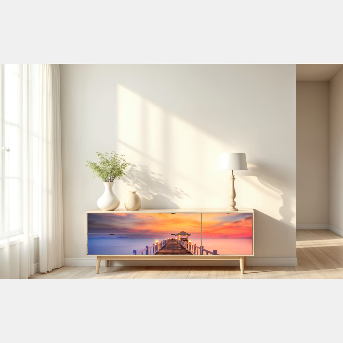 Naklejka repozycjonowalna drewniany pomost o wschodzie słońca – Wallissimo® Naklejka repozycjonowalna drewniany pomost o wschodzie słońca – Wallissimo®