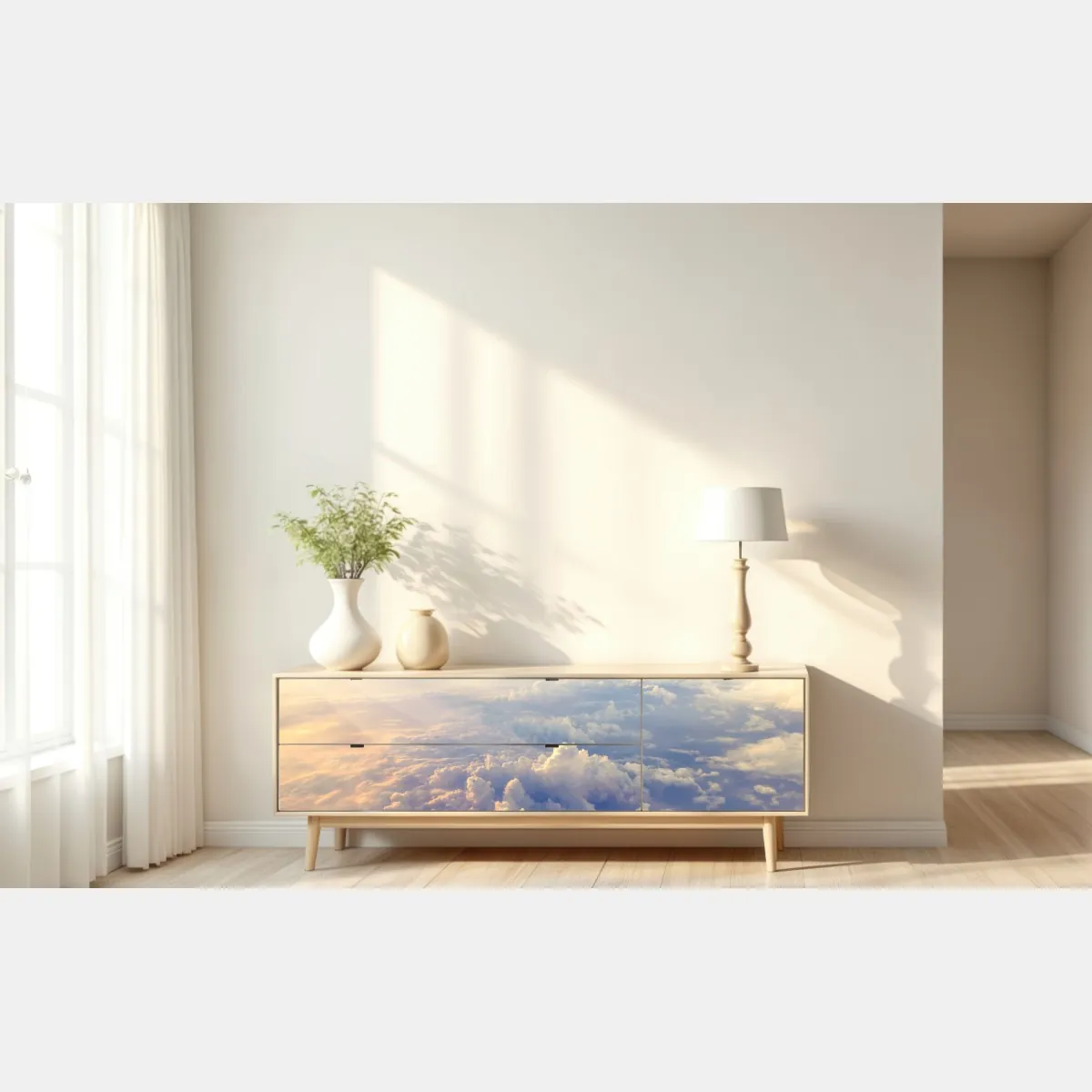 Naklejka repozycjonowalna słoneczne chmury nad horyzontem – Wallissimo® Naklejka repozycjonowalna słoneczne chmury nad horyzontem – Wallissimo®