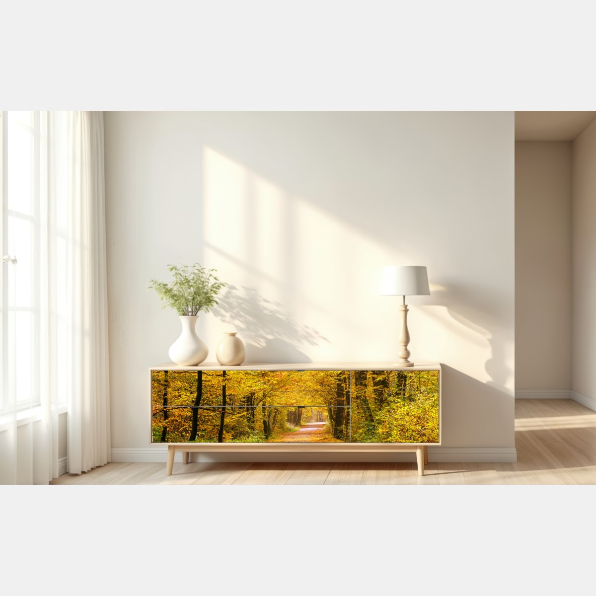 Naklejka repozycjonowalna złota jesienna ścieżka w lesie – Wallissimo® Naklejka repozycjonowalna złota jesienna ścieżka w lesie – Wallissimo®