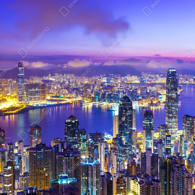 Naklejka repozycjonowalna Hong Kong panorama o świcie – Wallissimo® Naklejka repozycjonowalna Hong Kong panorama o świcie – Wallissimo®