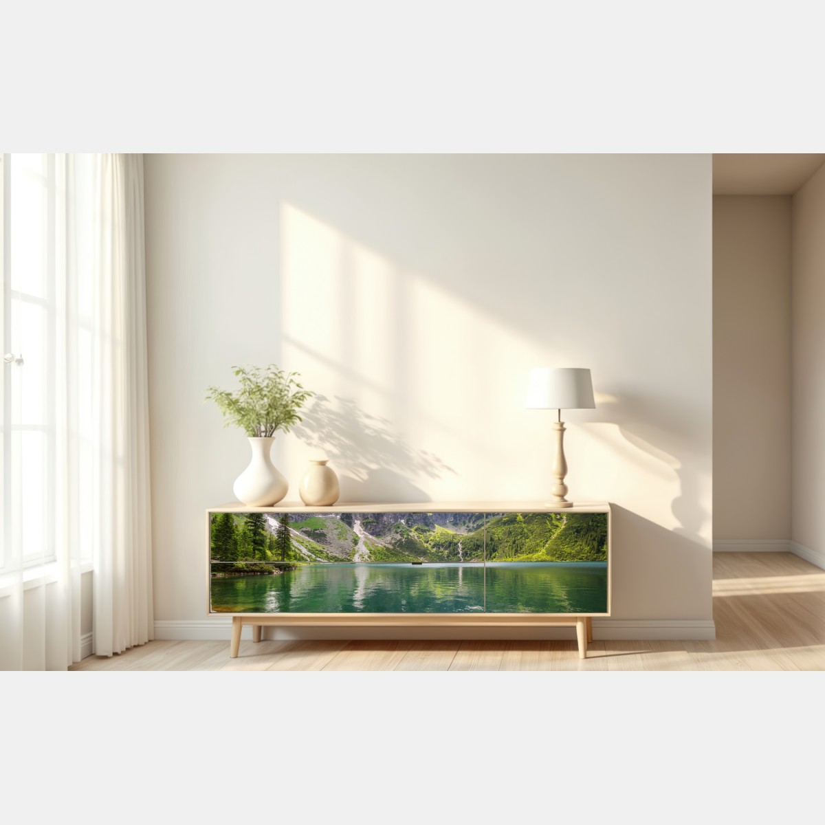 Naklejka repozycjonowalna spokojne szmaragdowe jezioro górskie ze skalistymi szczytami – Wallissimo® Naklejka repozycjonowalna spokojne szmaragdowe jezioro górskie ze skalistymi szczytami – Wallissimo®