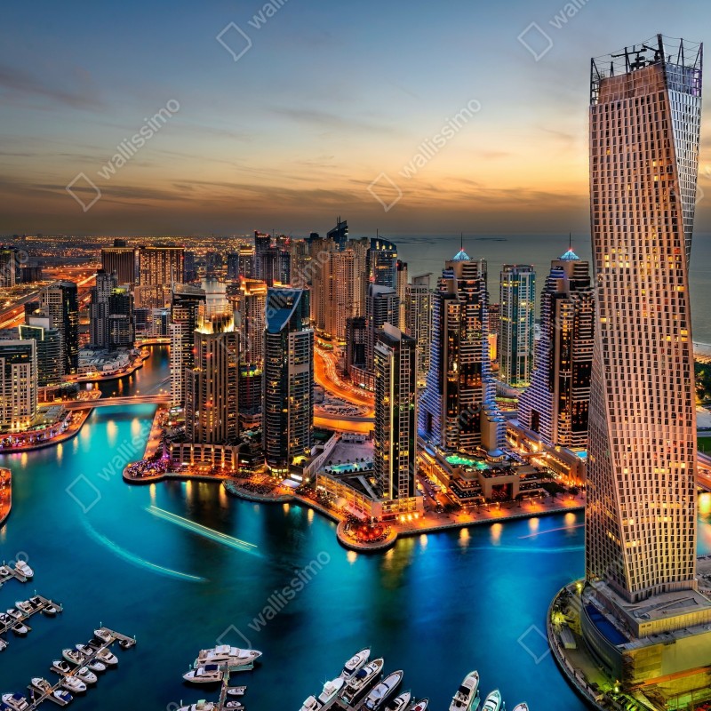 Naklejka repozycjonowalna Dubaj marina wieczorna panorama – Wallissimo® Naklejka repozycjonowalna Dubaj marina wieczorna panorama – Wallissimo®