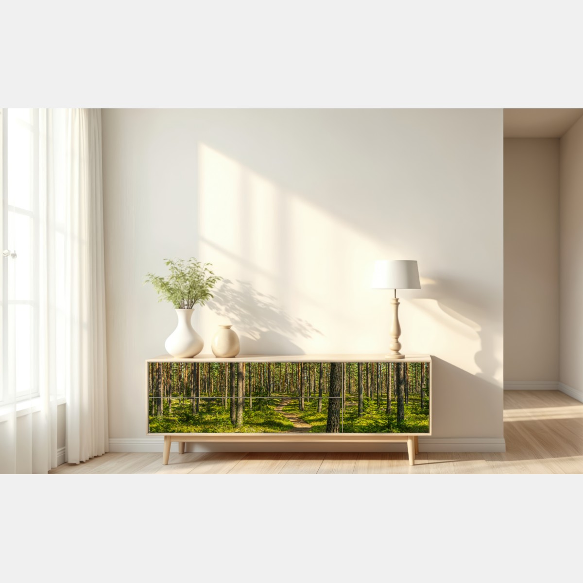 Naklejka repozycjonowalna słoneczna ścieżka w lesie sosnowym – Wallissimo® Naklejka repozycjonowalna słoneczna ścieżka w lesie sosnowym – Wallissimo®