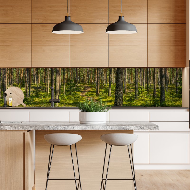 Naklejka repozycjonowalna słoneczna ścieżka w lesie sosnowym – Wallissimo® Naklejka repozycjonowalna słoneczna ścieżka w lesie sosnowym – Wallissimo®