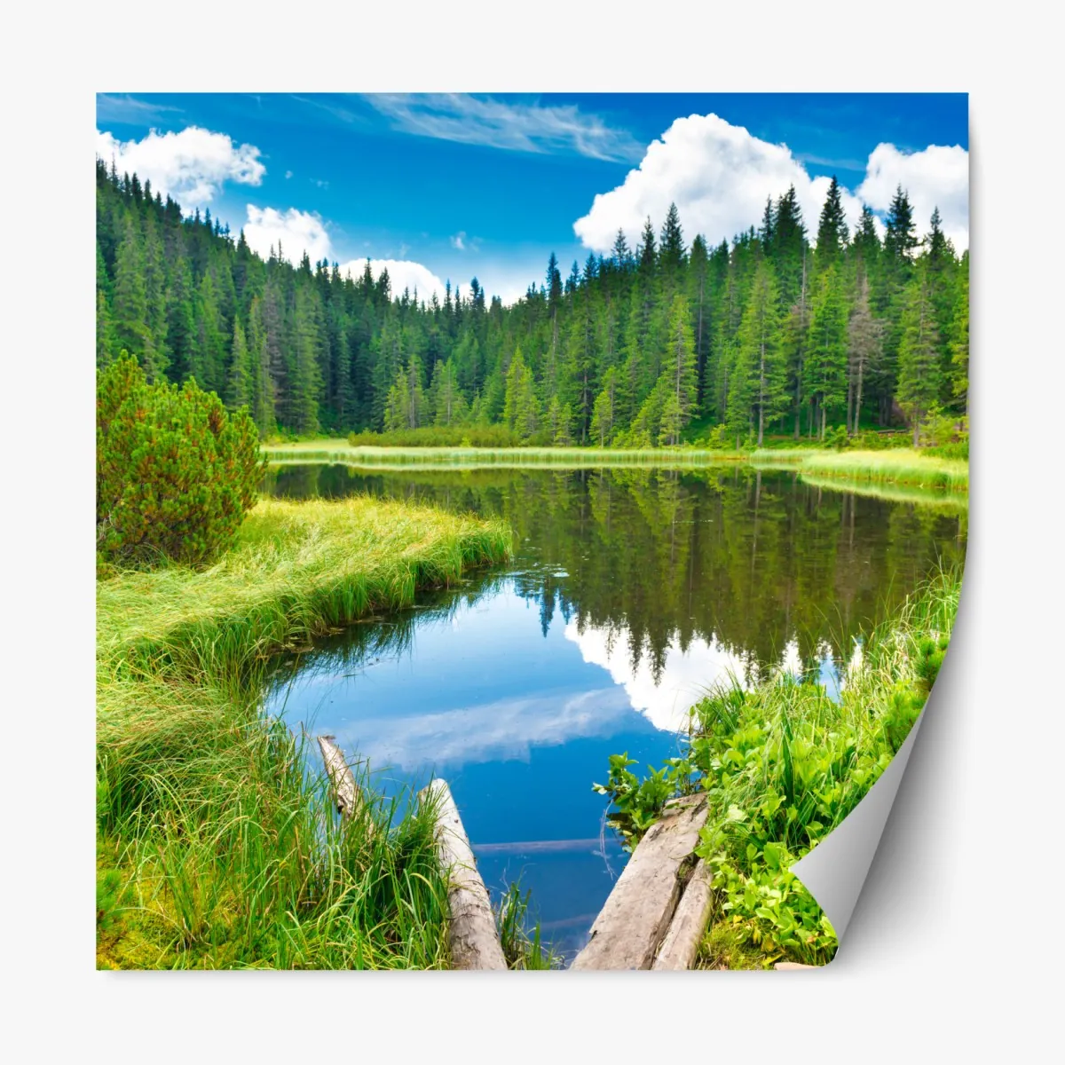 Naklejka repozycjonowalna spokojne jezioro leśne z drewnianym mostem – Wallissimo® Naklejka repozycjonowalna spokojne jezioro leśne z drewnianym mostem – Wallissimo®