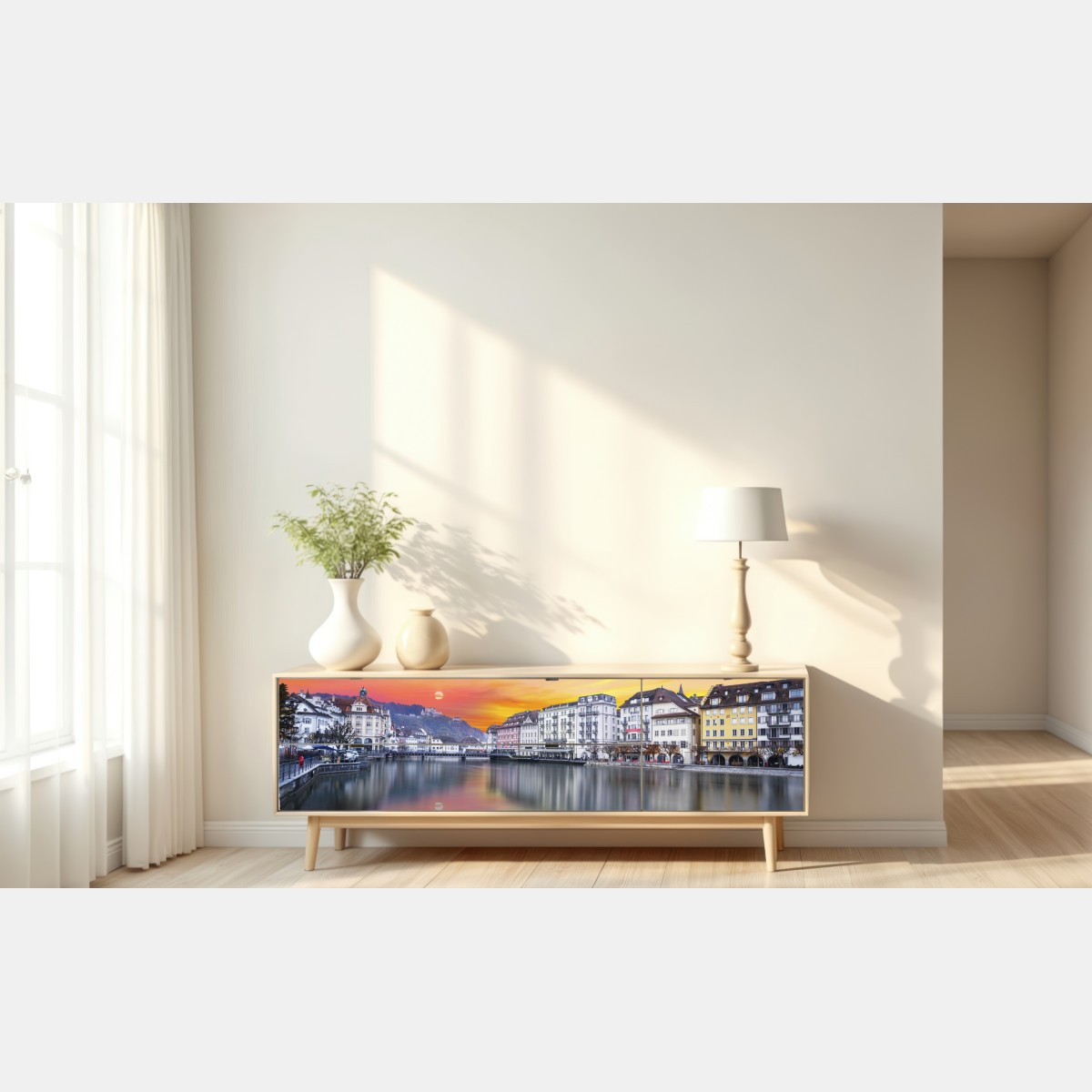 Naklejka repozycjonowalna Lucerna nad rzeką o zmierzchu – Wallissimo® Naklejka repozycjonowalna Lucerna nad rzeką o zmierzchu – Wallissimo®