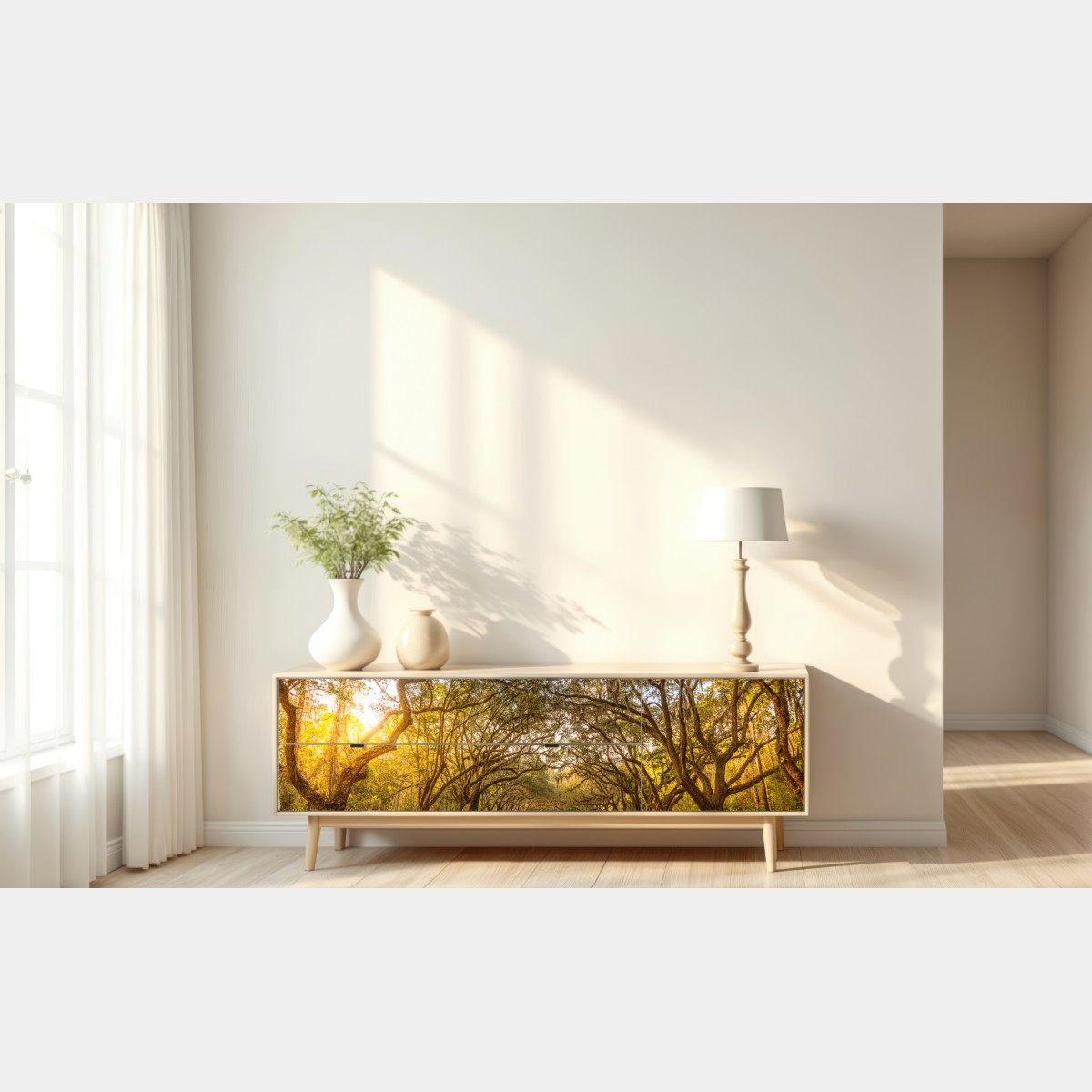 Naklejka repozycjonowalna słoneczna aleja starych dębów przy Savannah – Wallissimo® Naklejka repozycjonowalna słoneczna aleja starych dębów przy Savannah – Wallissimo®