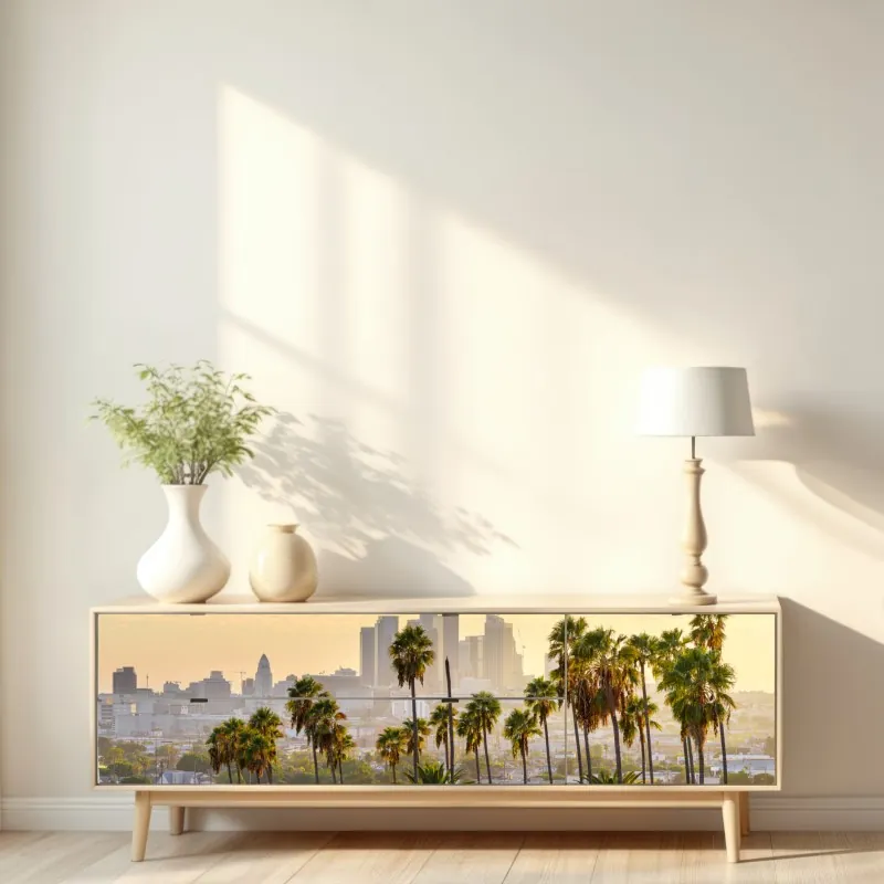 Naklejka repozycjonowalna złota panorama Los Angeles z palmami – Wallissimo® Naklejka repozycjonowalna złota panorama Los Angeles z palmami – Wallissimo®