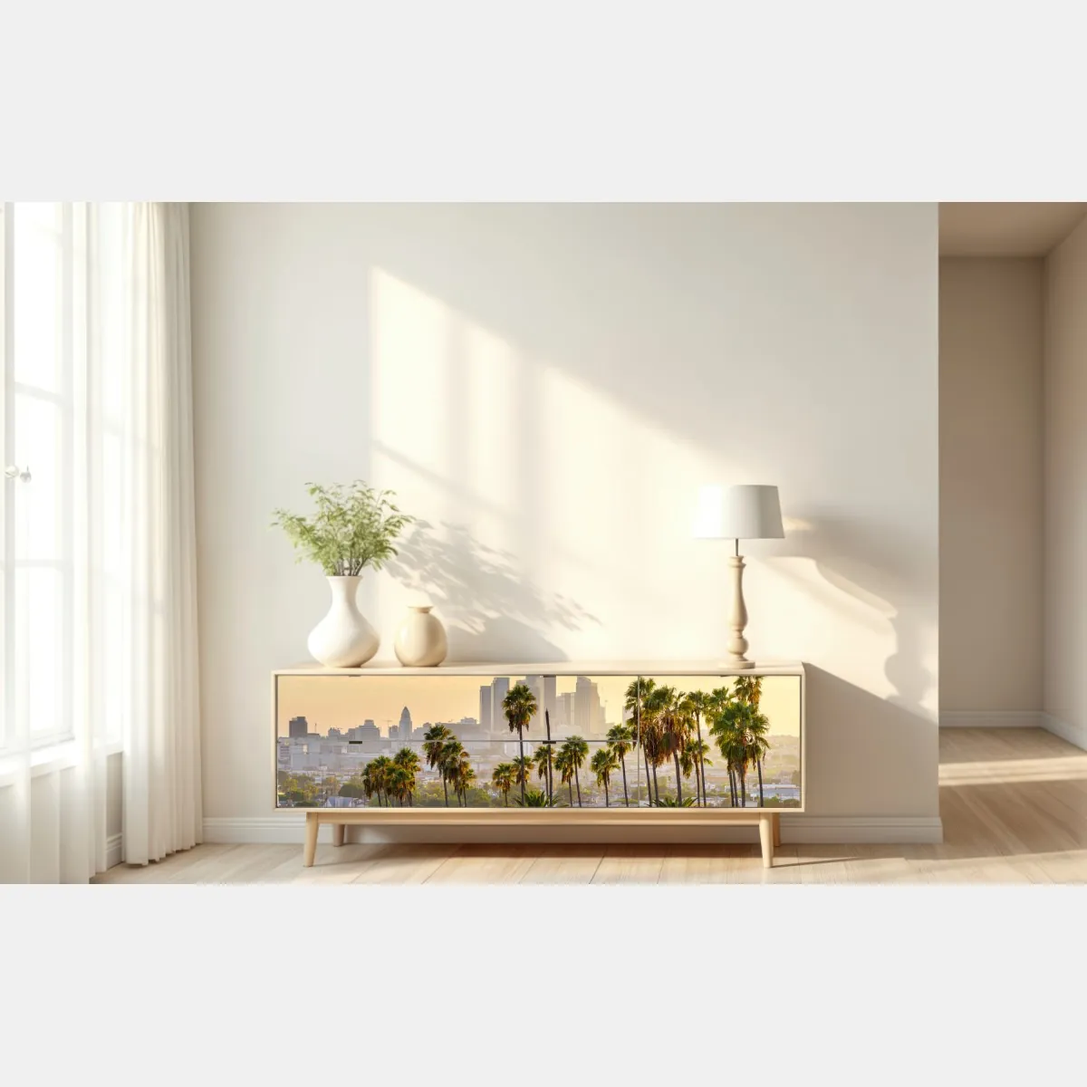 Naklejka repozycjonowalna złota panorama Los Angeles z palmami – Wallissimo® Naklejka repozycjonowalna złota panorama Los Angeles z palmami – Wallissimo®