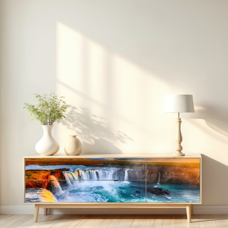 Naklejka repozycjonowalna Godafoss wodospad o wschodzie słońca – Wallissimo® Naklejka repozycjonowalna Godafoss wodospad o wschodzie słońca – Wallissimo®