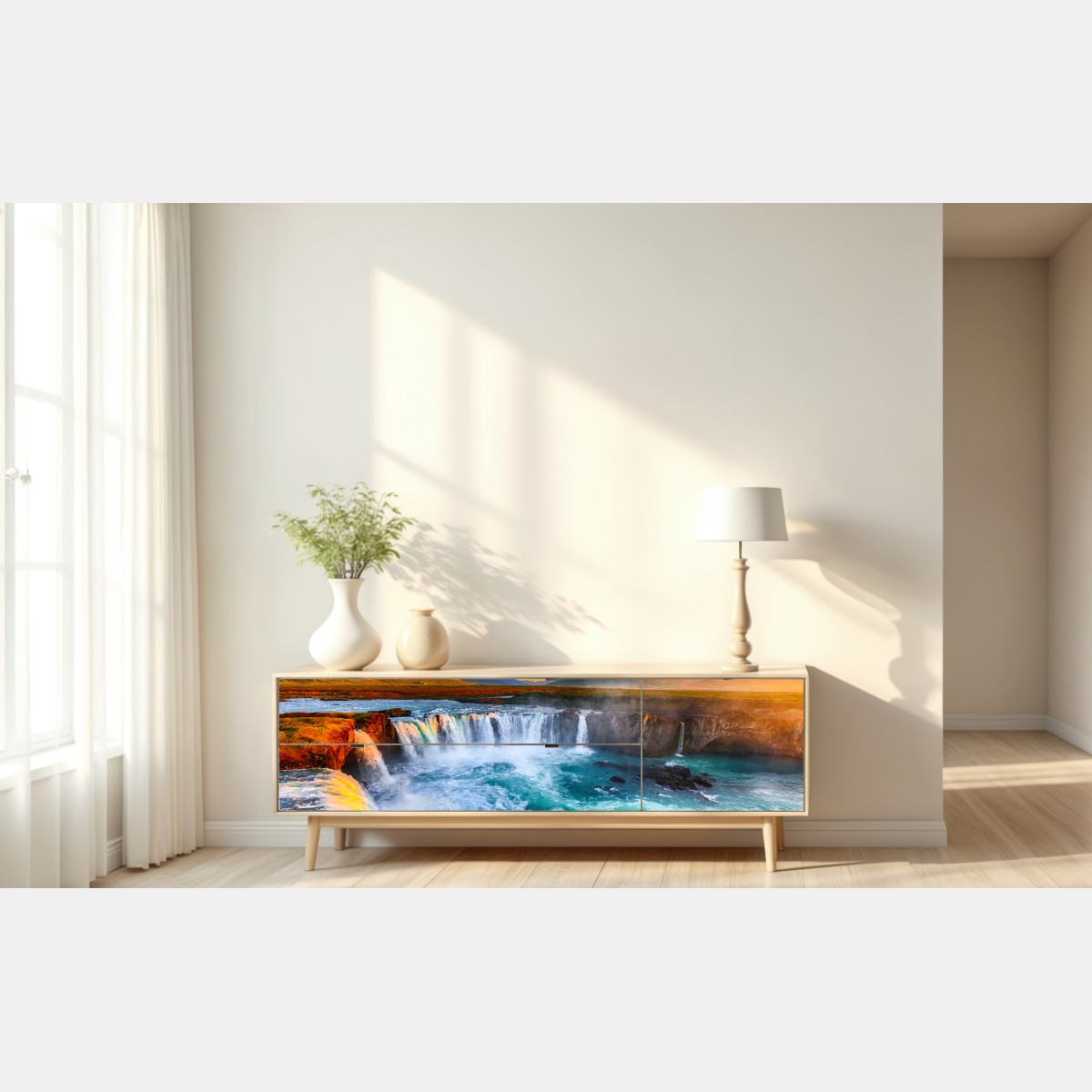 Naklejka repozycjonowalna Godafoss wodospad o wschodzie słońca – Wallissimo® Naklejka repozycjonowalna Godafoss wodospad o wschodzie słońca – Wallissimo®