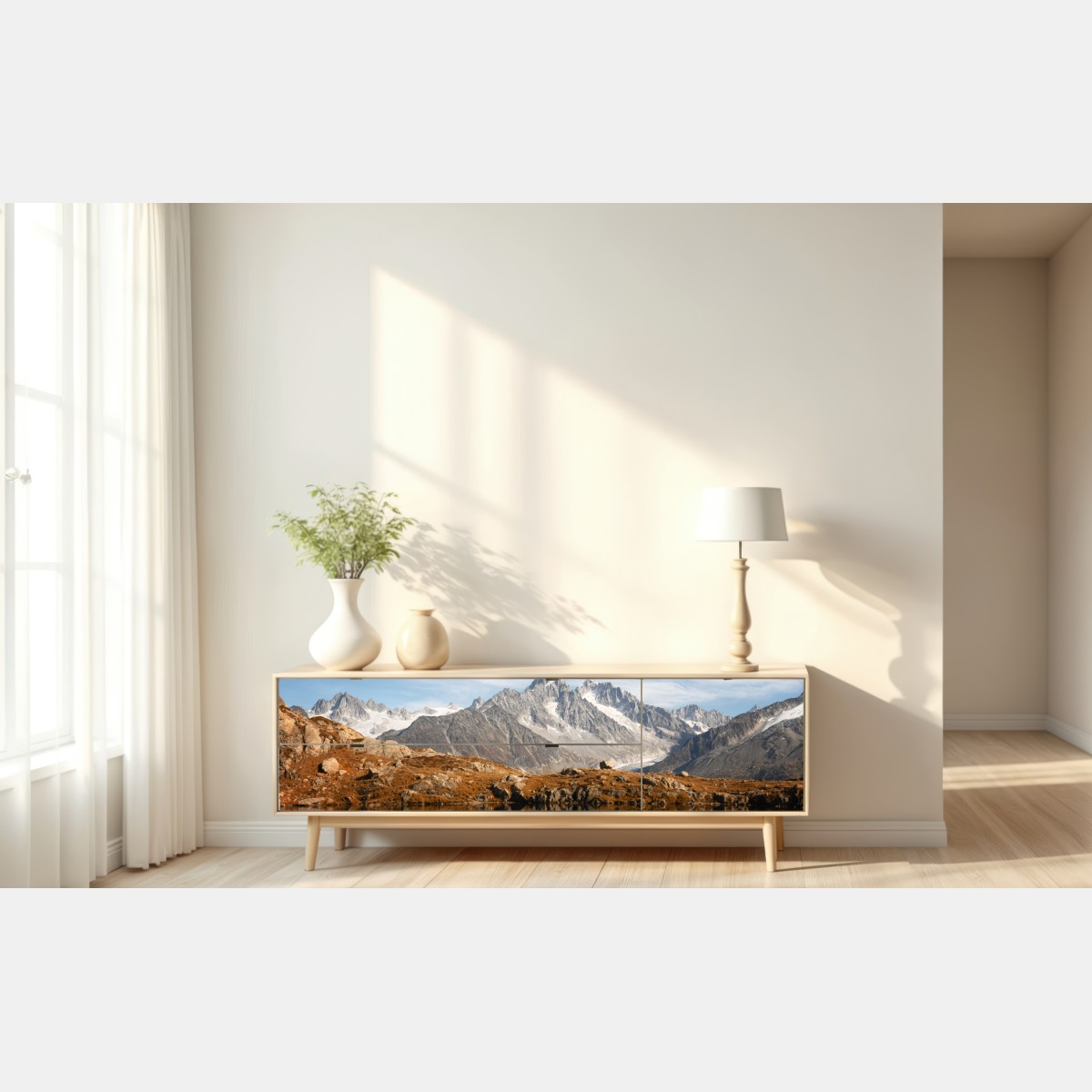 Naklejka repozycjonowalna spokojne alpejskie szczyty odbite w jeziorze – Wallissimo® Naklejka repozycjonowalna spokojne alpejskie szczyty odbite w jeziorze – Wallissimo®