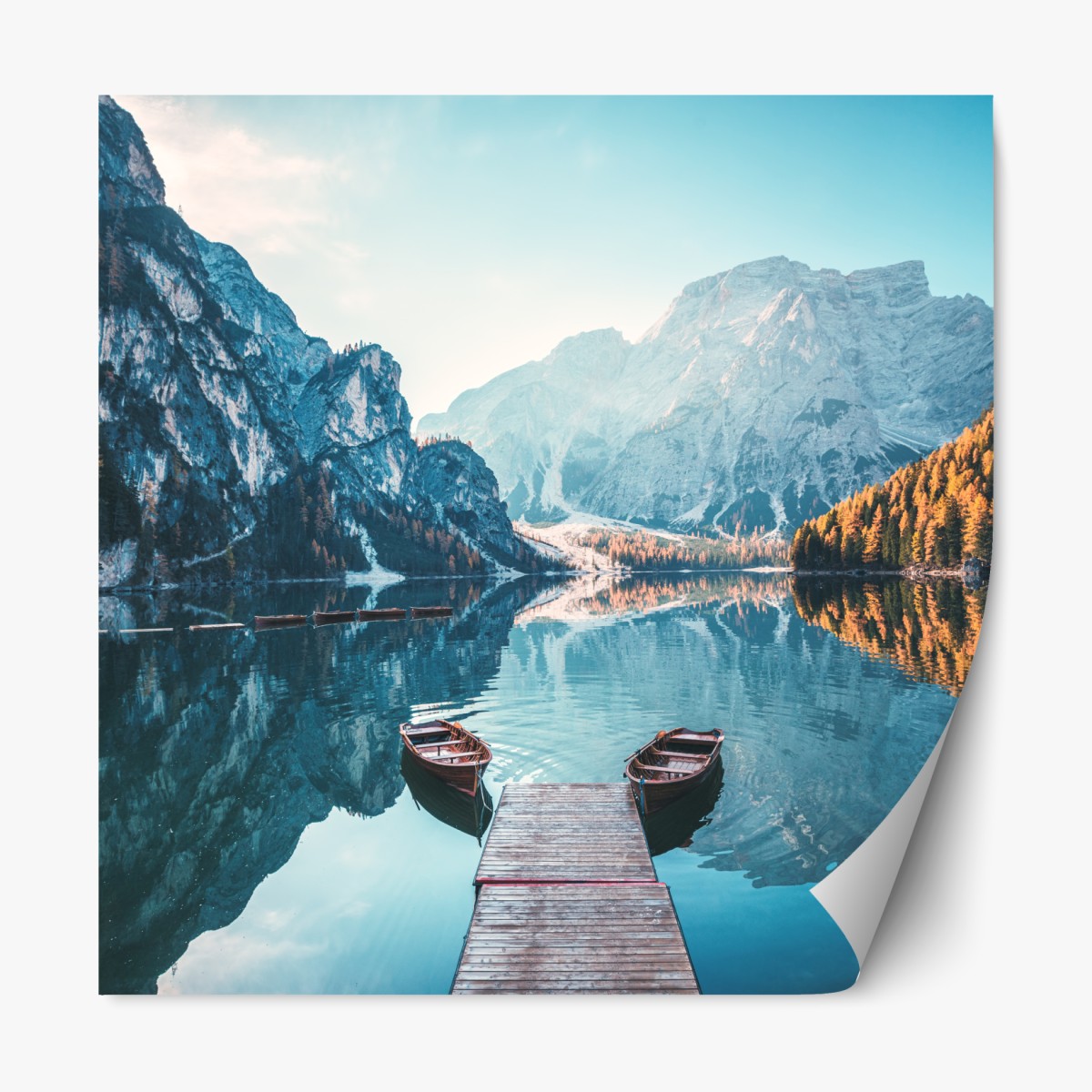 Repositionable sticker sunlit dock at Braies Lake, Dolomites