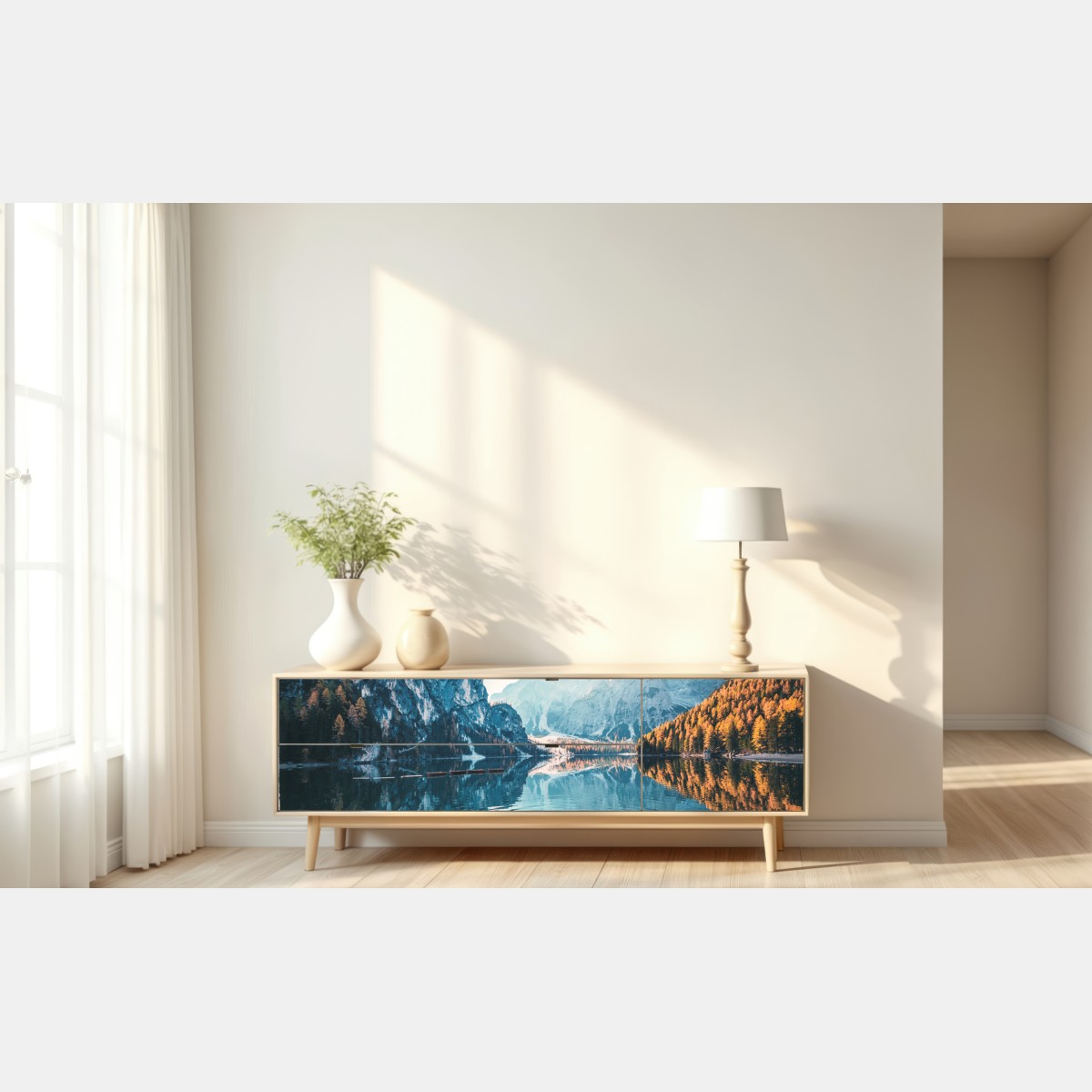 Naklejka repozycjonowalna spokojny poranek nad jeziorem Braies, Dolomity – Wallissimo® Naklejka repozycjonowalna spokojny poranek nad jeziorem Braies, Dolomity – Wallissimo®