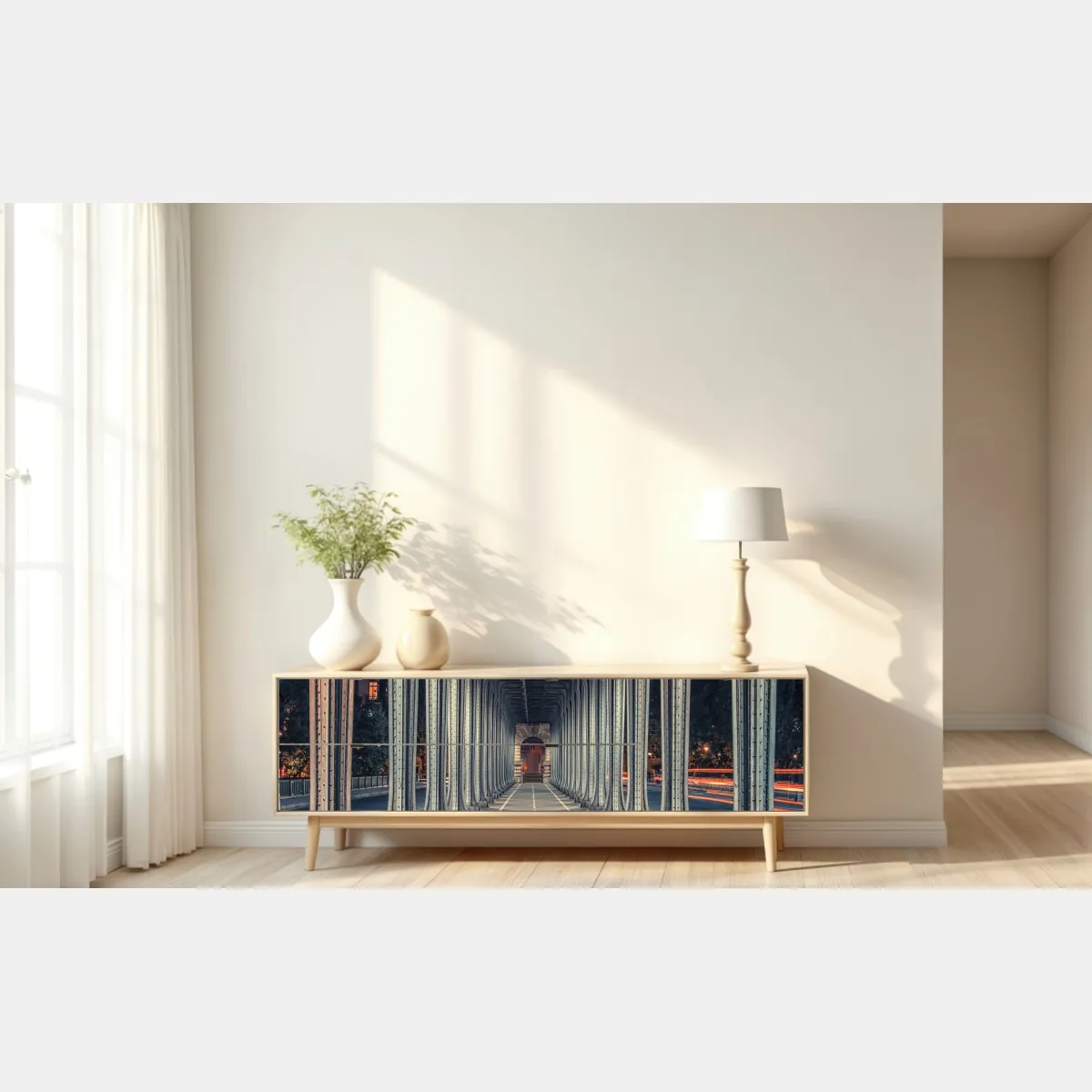 Naklejka repozycjonowalna symetryczny korytarz stalowego mostu nocą – Wallissimo® Naklejka repozycjonowalna symetryczny korytarz stalowego mostu nocą – Wallissimo®