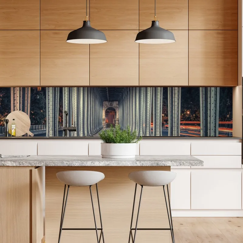 Naklejka repozycjonowalna symetryczny korytarz stalowego mostu nocą – Wallissimo® Naklejka repozycjonowalna symetryczny korytarz stalowego mostu nocą – Wallissimo®