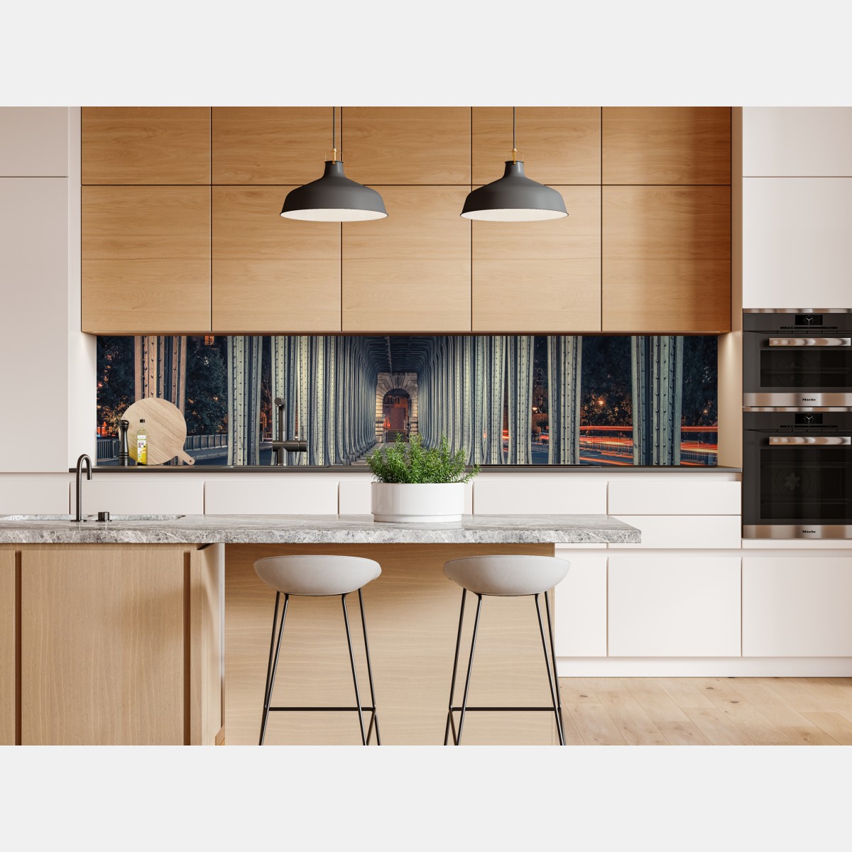 Naklejka repozycjonowalna symetryczny korytarz stalowego mostu nocą – Wallissimo® Naklejka repozycjonowalna symetryczny korytarz stalowego mostu nocą – Wallissimo®