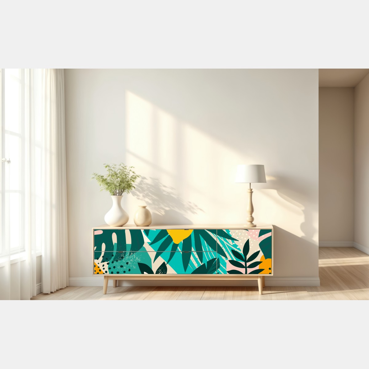 Naklejka repozycjonowalna tropikalny wzór z liśćmi i cytrynami – Wallissimo® Naklejka repozycjonowalna tropikalny wzór z liśćmi i cytrynami – Wallissimo®