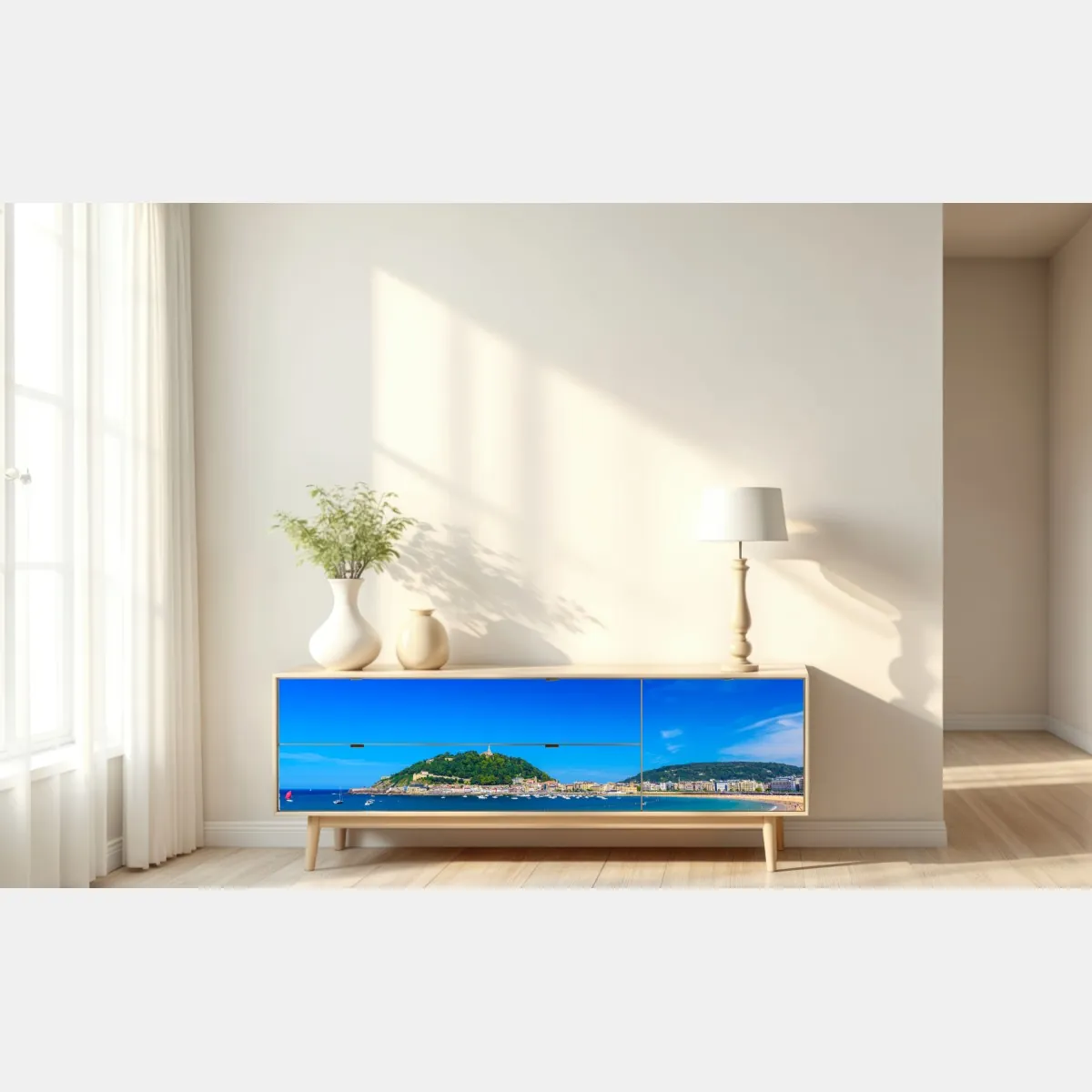 Naklejka repozycjonowalna słoneczna panorama nadmorska z złotym piaskiem – Wallissimo® Naklejka repozycjonowalna słoneczna panorama nadmorska z złotym piaskiem – Wallissimo®