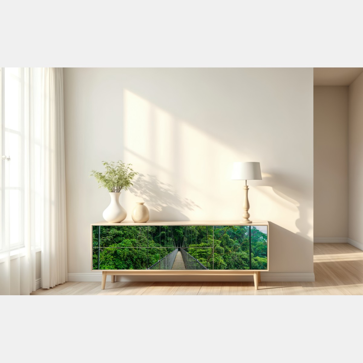 Naklejka repozycjonowalna wiszący most w bujnej dżungli – Wallissimo® Naklejka repozycjonowalna wiszący most w bujnej dżungli – Wallissimo®