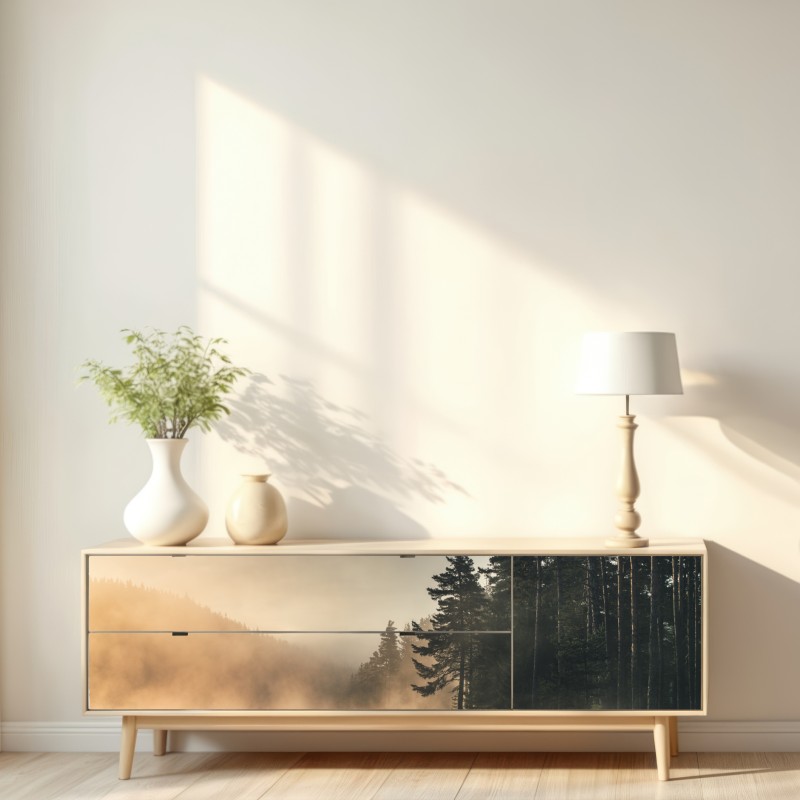 Naklejka repozycjonowalna mglisty wschód słońca nad leśnym jeziorem – Wallissimo® Naklejka repozycjonowalna mglisty wschód słońca nad leśnym jeziorem – Wallissimo®