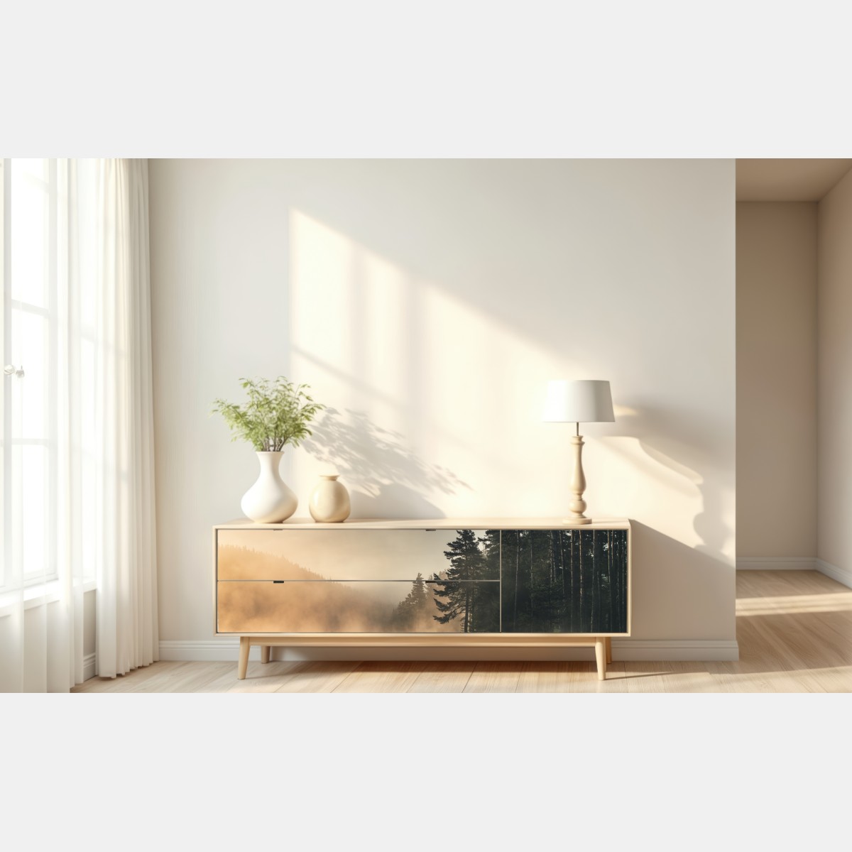 Naklejka repozycjonowalna mglisty wschód słońca nad leśnym jeziorem – Wallissimo® Naklejka repozycjonowalna mglisty wschód słońca nad leśnym jeziorem – Wallissimo®